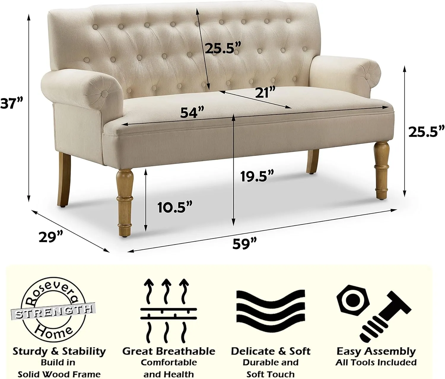 Rosevera Drennan Loveseat - Velvet, Warm Beige - Sofa in a Box - Settee for Living Room - Long Couch