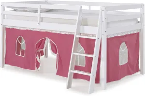 Roxy Pine Twin Junior Loft Bed, White Finish with Pink & White Tent, Guardrails, Machine Washable Polyester Tent, Variety of Colors