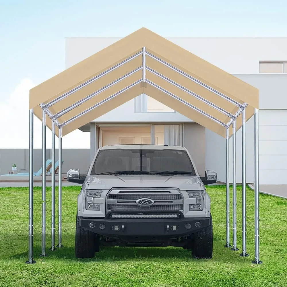 Rutile 12'x20' Carport Canopy ONLY Tent Garage Replacement Top Tarp Car Shelter Cover w/Ball Bungees Beige (Only Top Cover, Frame is not Included)
