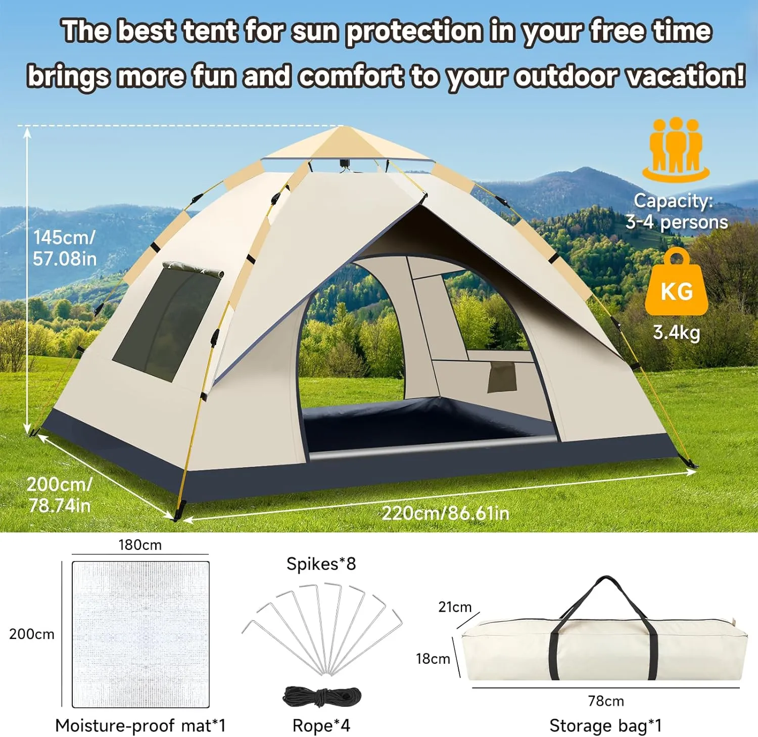 SAN Like Camping Tent 2/3/4 Person Instant Easy Pop Up Tents for Camping Lightweight Backpacking Tent Automatic Waterproof Family Easy Set Up Tent,Portable Dome Tent for Camping Hiking Traveling