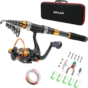 SANLIKE Fishing Rod and Reel Combos, Carbon Fiber Telescopic Fishing Pole Combo Set Quick Set Spinning Reel with Lures Accessories Travel Kit and Carrier Bag for Saltwater Freshwater