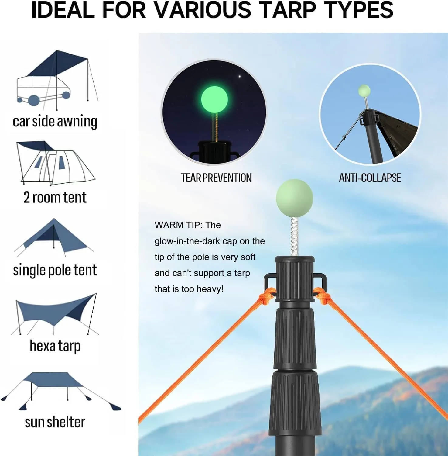 SANLIKE Telescoping Tarp Poles Tent Poles, 96" Aluminum Canopy Poles Extendable Pole for Awning Shelter Camping Hiking Backpacking, Luminous Tip Cap Design, Set of 2, Black