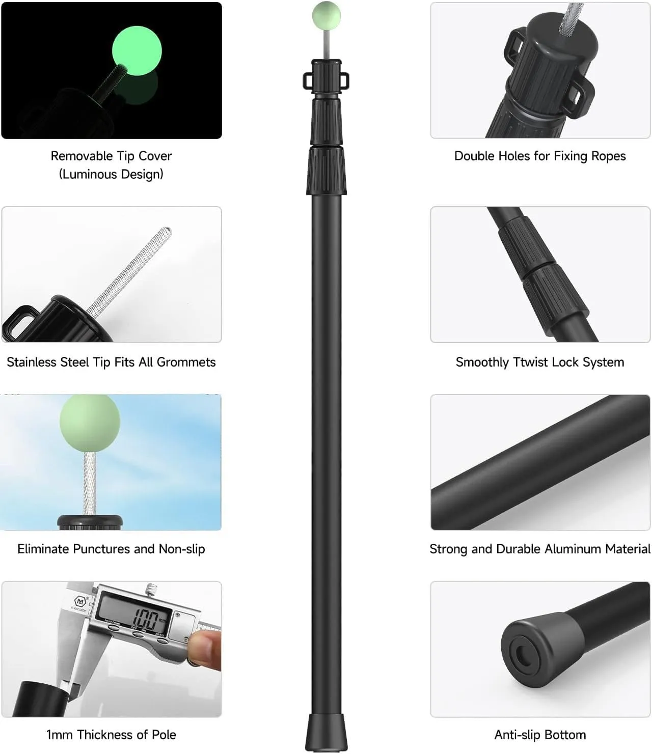 SANLIKE Telescoping Tarp Poles Tent Poles, 96" Aluminum Canopy Poles Extendable Pole for Awning Shelter Camping Hiking Backpacking, Luminous Tip Cap Design, Set of 2, Black