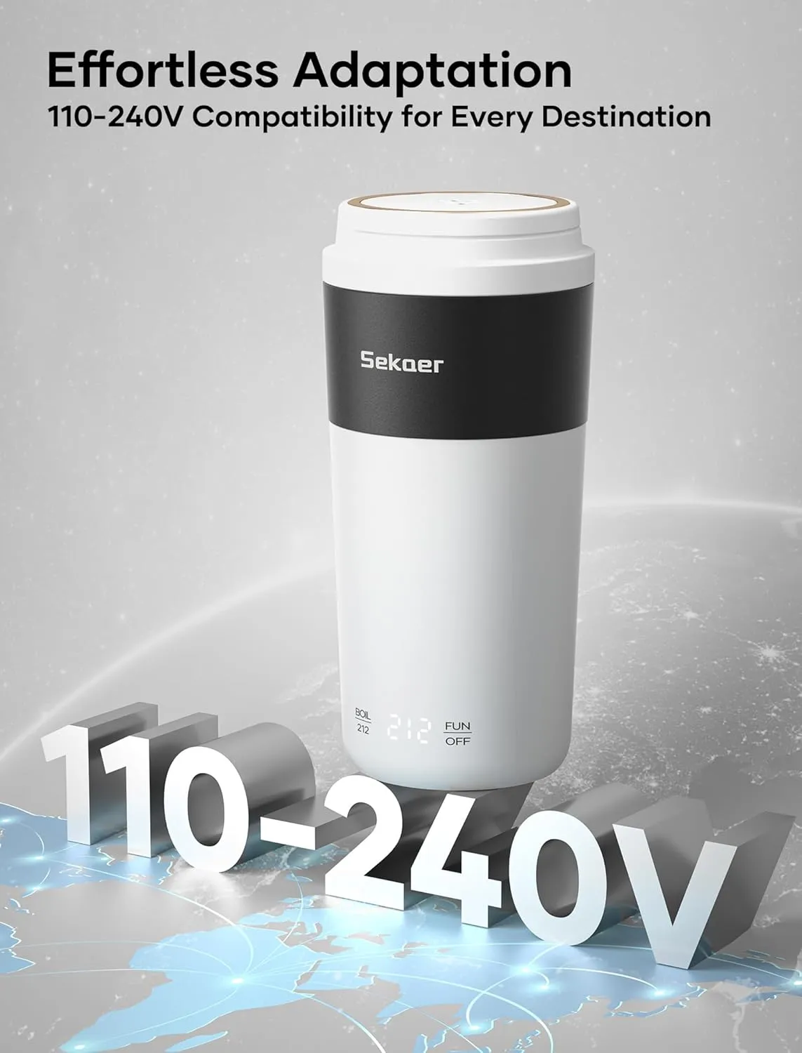 Sekaer Travel Portable Kettle, Dual Voltage 110V-240V, Mini Electric Kettle for Tea Coffee, 304 Stainless Steel Small Hot Water Boiler, 4 Temp Presets & Auto Shut-Off 350mL, SKE-835-W