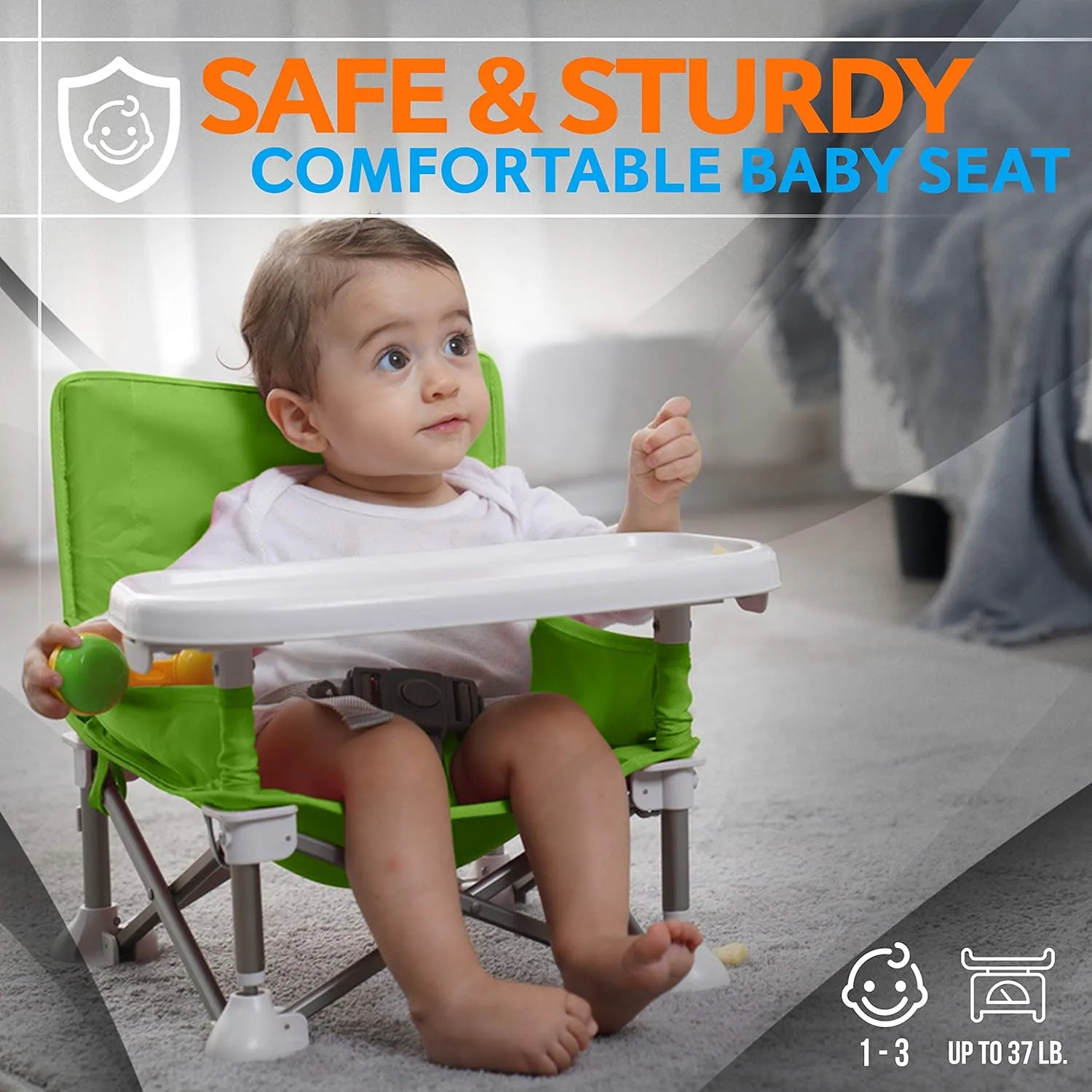 Serene Life Baby Seat Booster -Space Saver Toddler Booster Seat - Portable Pop and Open Sit Folding Booster Feeding Chair - Safety Belt/Food Tray/Travel Bag - SereneLife SLBS66G