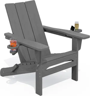 SERWALL Modern Outdoor HDPE Adirondack Chair, Folding with Cup Holders, All Weather Resistant, Gray