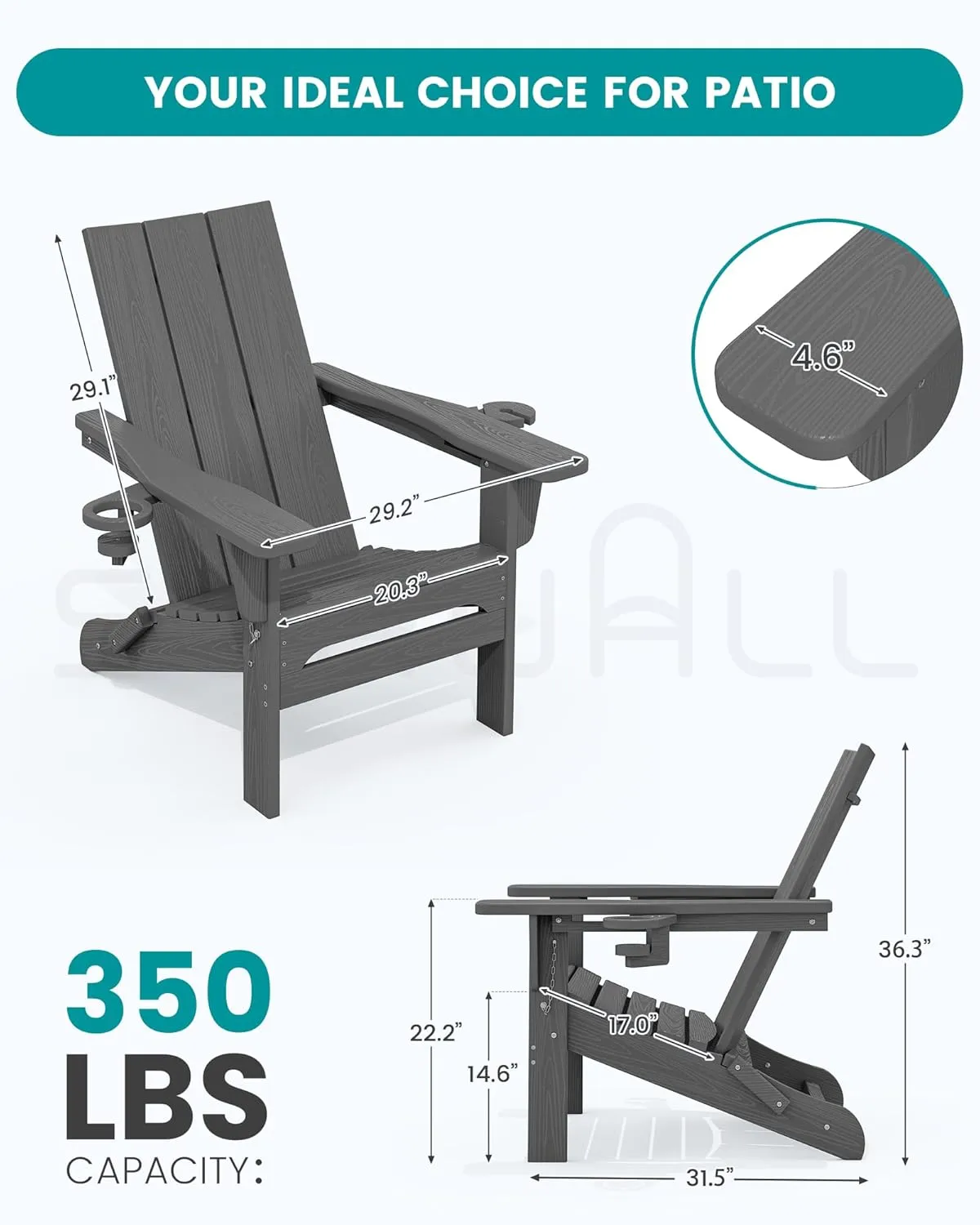 SERWALL Modern Outdoor HDPE Adirondack Chair, Folding with Cup Holders, All Weather Resistant, Gray