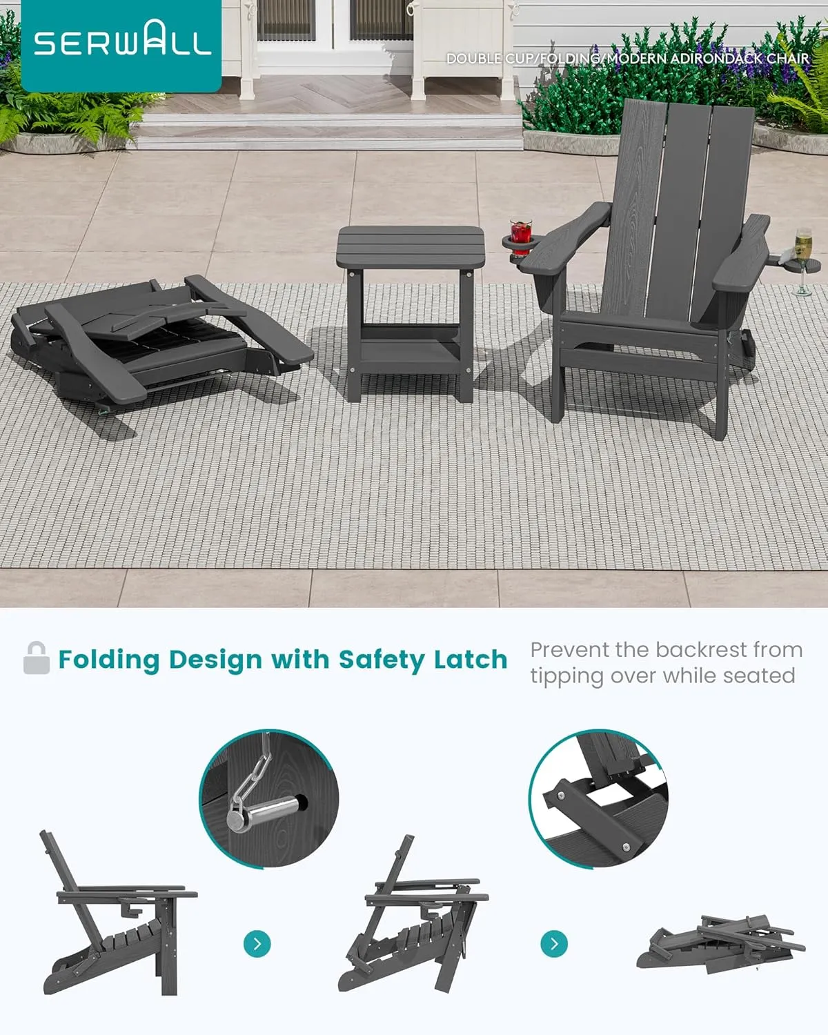 SERWALL Modern Outdoor HDPE Adirondack Chair, Folding with Cup Holders, All Weather Resistant, Gray