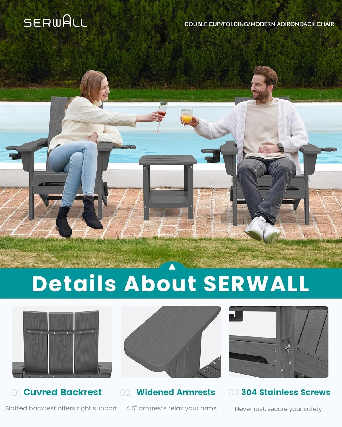 SERWALL Modern Outdoor HDPE Adirondack Chair, Folding with Cup Holders, All Weather Resistant, Gray