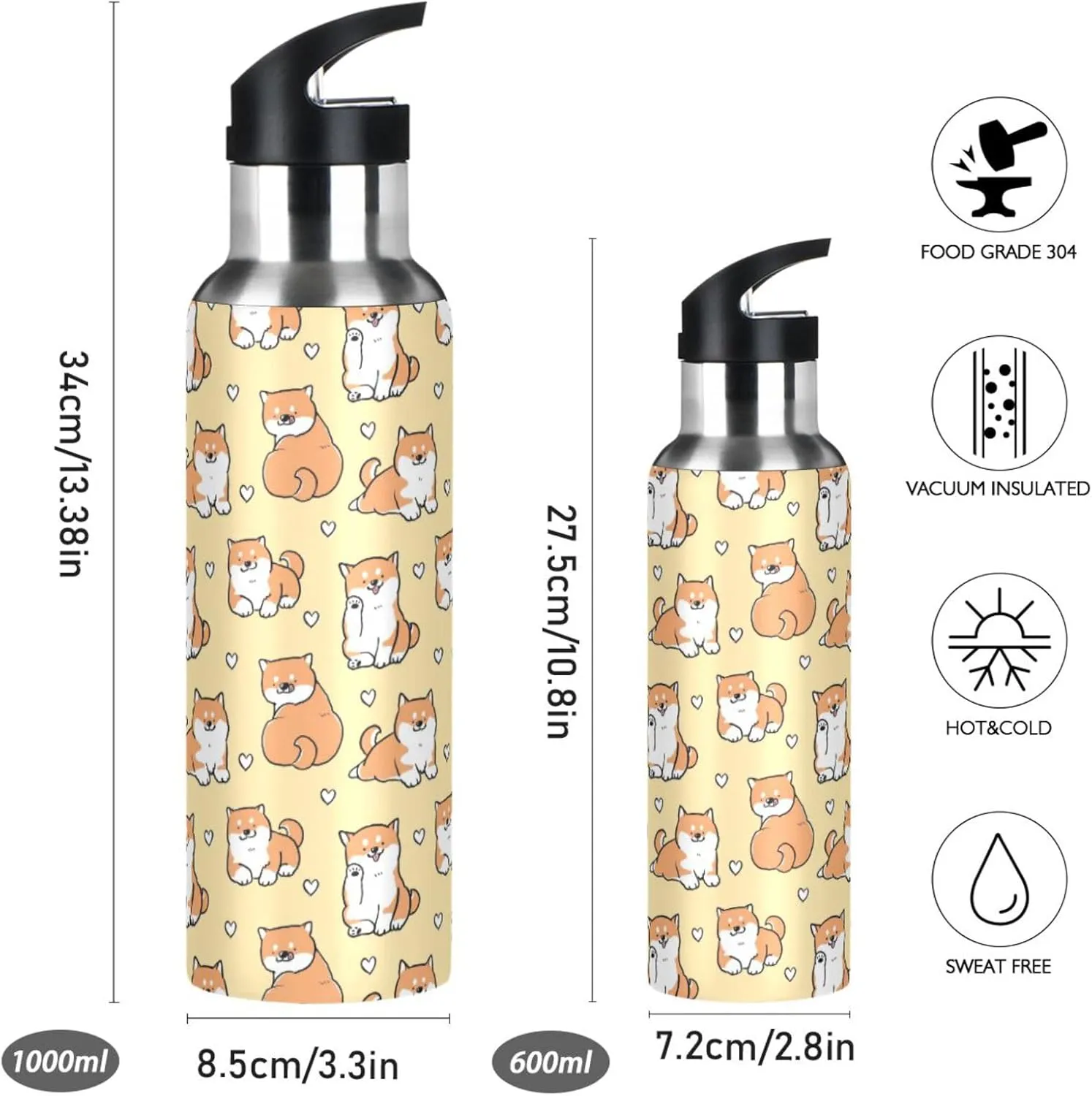 Shiba Inu Dog Water Bottle with Straw Lid Double Wall Heart Thermos Bottle Vacuum Insulated Flask Stainless Steel Water Bottle for Gym Outdoor 20 OZ
