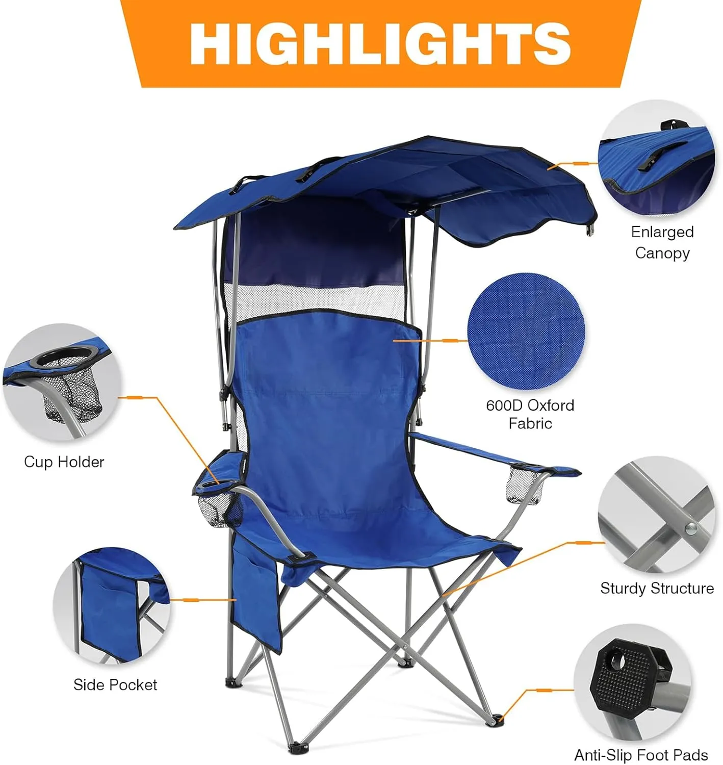Simple Deluxe Canopy Camping Chair for Adults, Lightweight Portable Folding Outdoor Chair with Cup Holder & Armrests, Oversized Comfort for Beach, Picnic, Sports and Lawn, Blue