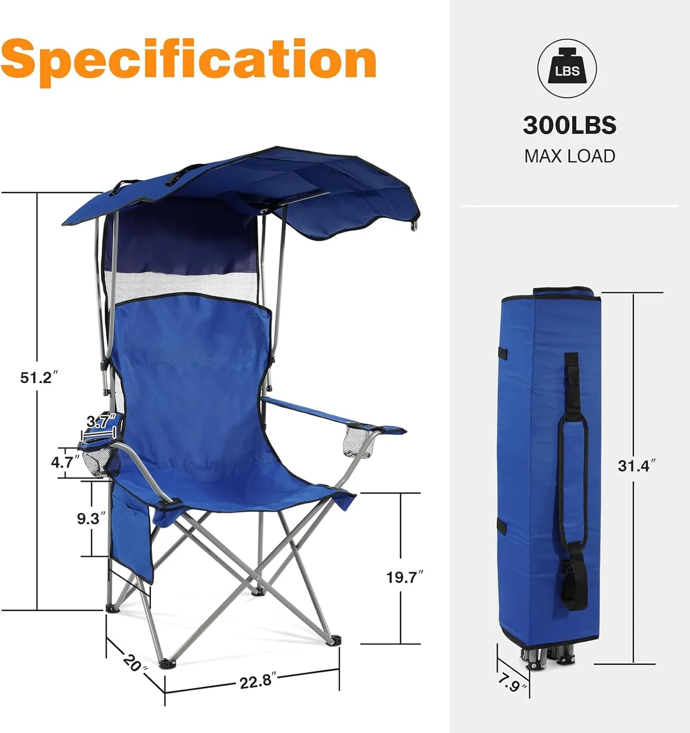 Simple Deluxe Canopy Camping Chair for Adults, Lightweight Portable Folding Outdoor Chair with Cup Holder & Armrests, Oversized Comfort for Beach, Picnic, Sports and Lawn, Blue