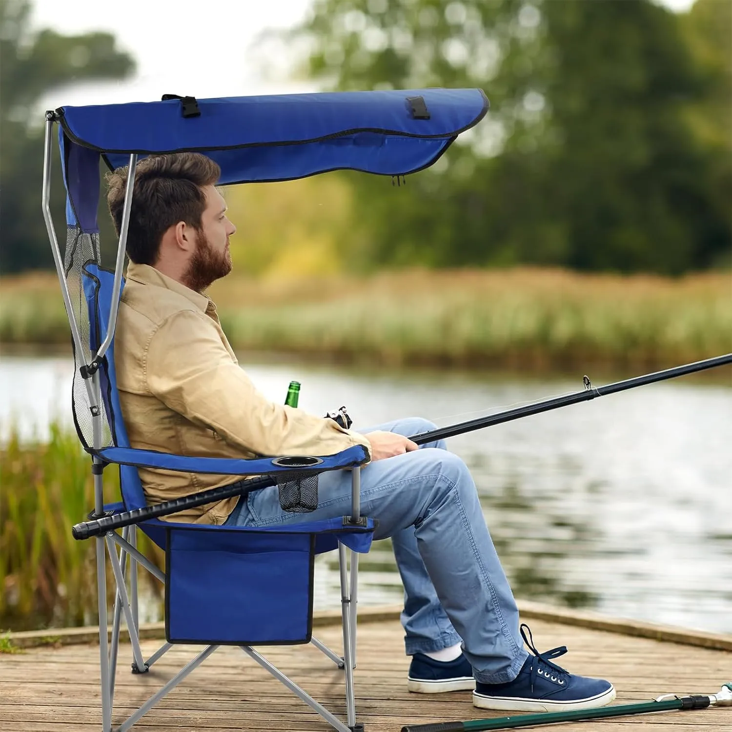 Simple Deluxe Canopy Camping Chair for Adults, Lightweight Portable Folding Outdoor Chair with Cup Holder & Armrests, Oversized Comfort for Beach, Picnic, Sports and Lawn, Blue