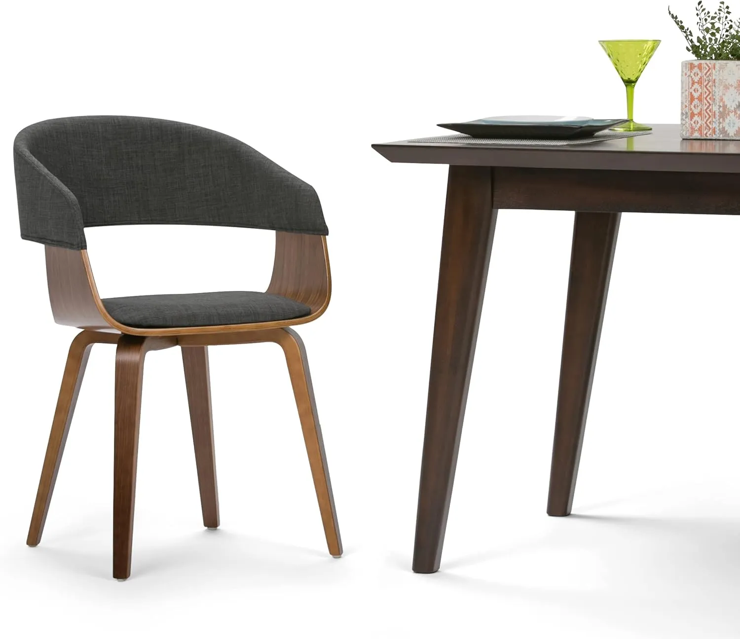 SIMPLIHOME Lowell Dining Chairs - Upholstered Walnut Finish Bentwood Frame and Linen-Style Fabric Kitchen Chair in Charcoal Grey, Modern Dining Room Seating with Curved Back and Padded Seat