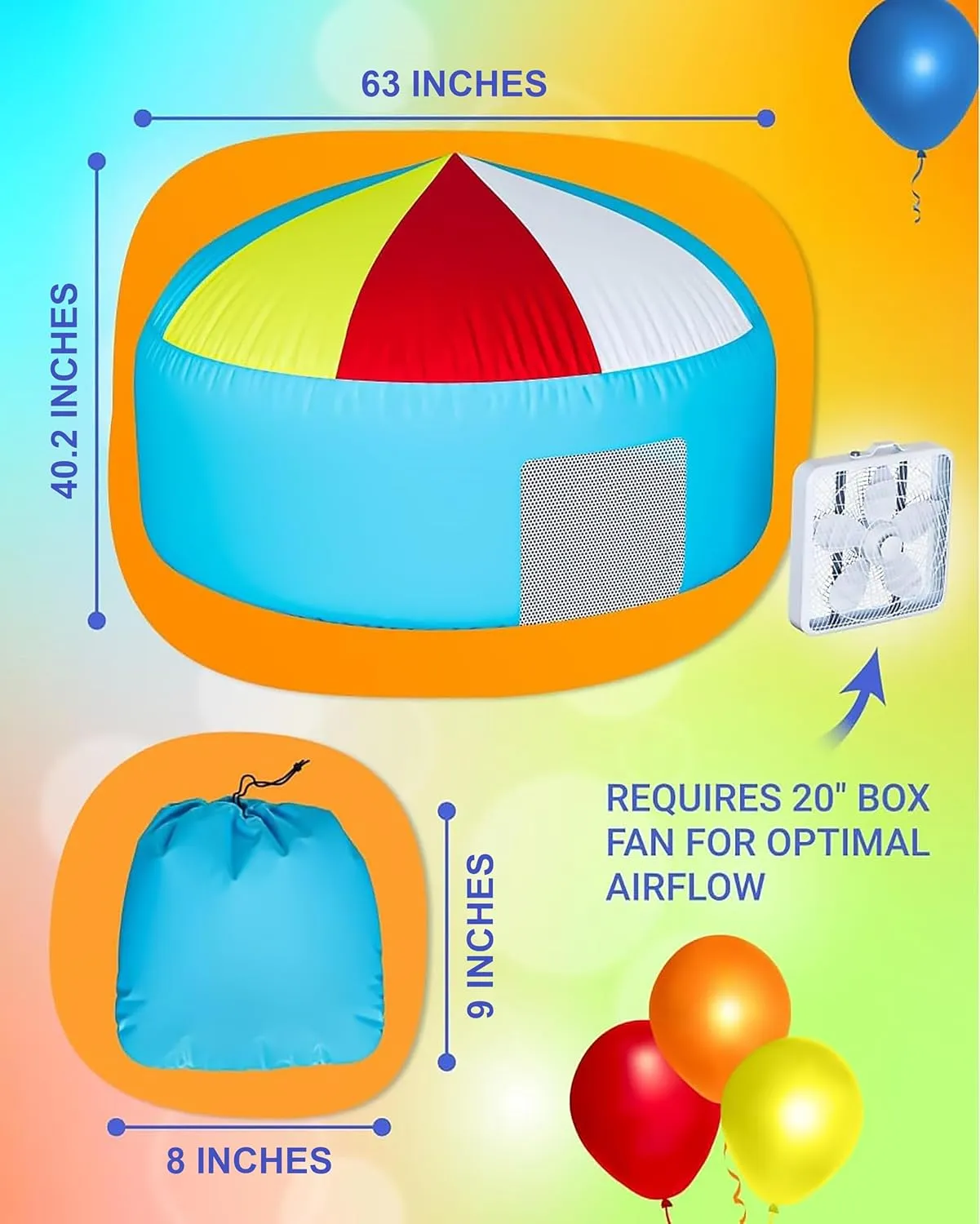 Skywin Inflatable Tent for Kids (Camo Dark Grey), Inflatable Air Tent for Kids Sets Up and Stores Away in Seconds, Improved Blow up Fort (Fan NOT Included) (Beach Ball Blue)