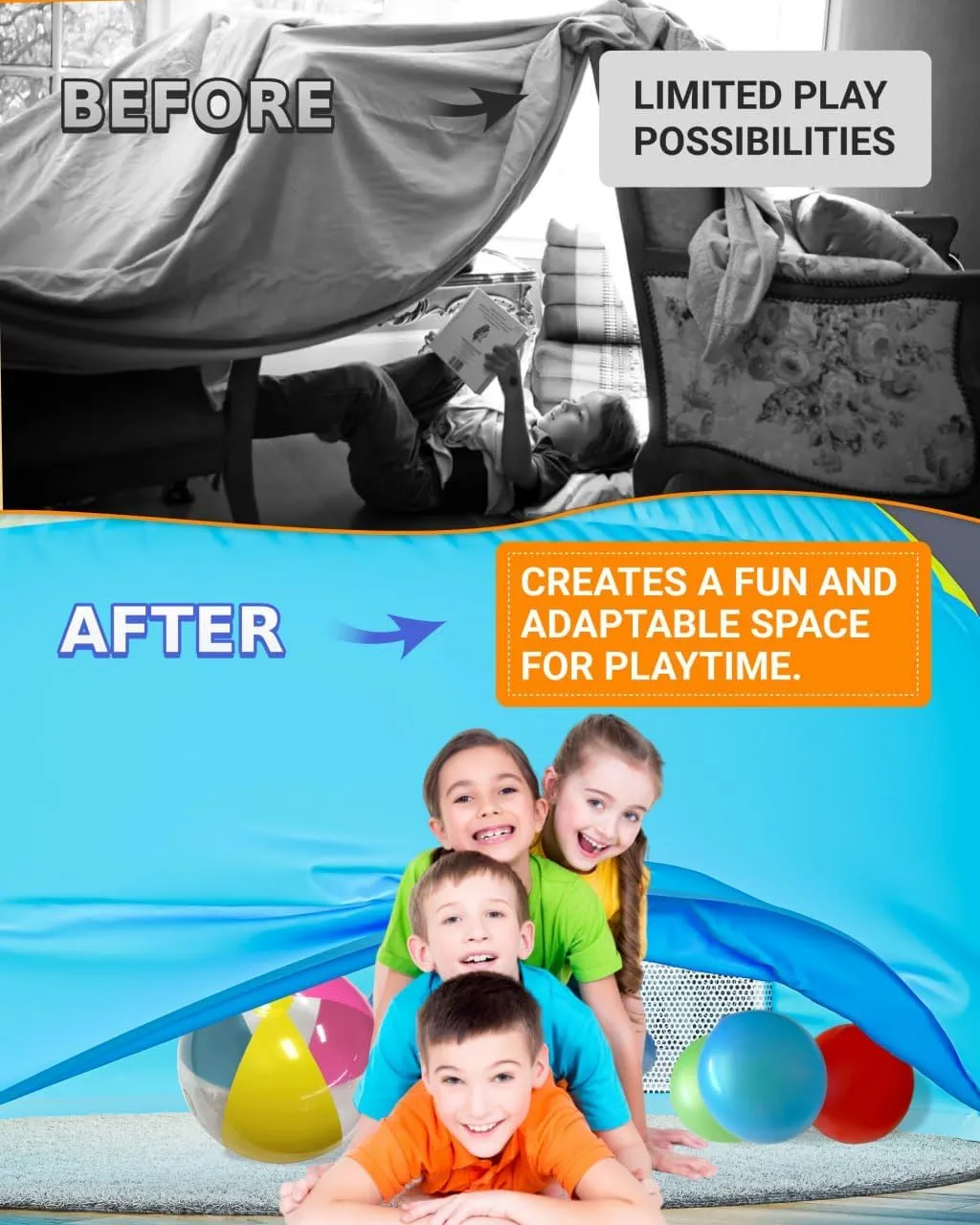 Skywin Inflatable Tent for Kids (Camo Dark Grey), Inflatable Air Tent for Kids Sets Up and Stores Away in Seconds, Improved Blow up Fort (Fan NOT Included) (Beach Ball Blue)