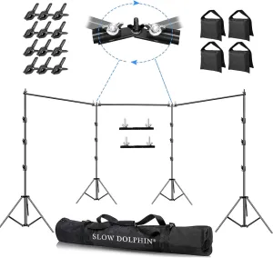 SLOW DOLPHIN Photo Video Studio 30ft (Wide) x 10ft (Tall), Degree Crossbar Rotatable, Angle Adjustable Triple Crossbar Extender Mount, Photography Background Support System, Sand Bags,Clamps