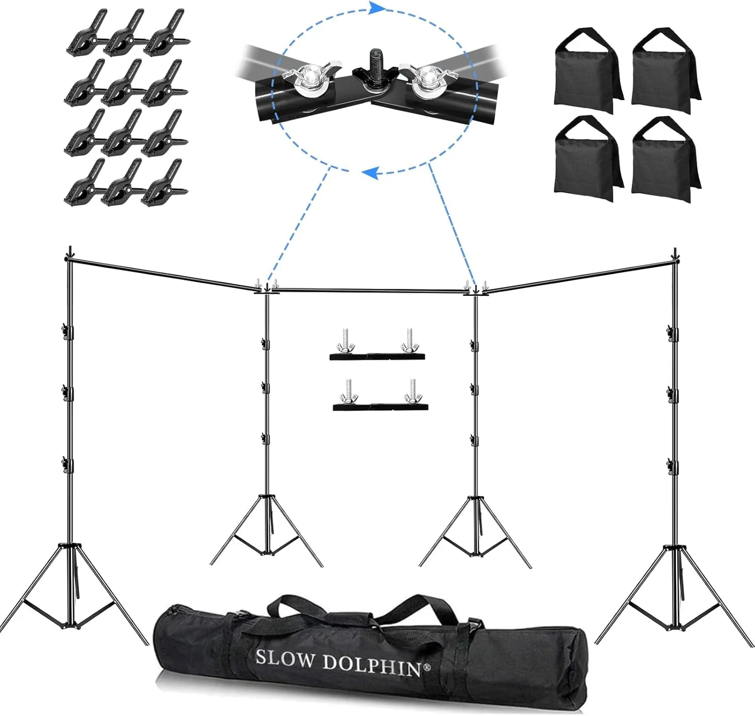 SLOW DOLPHIN Photo Video Studio 30ft (Wide) x 10ft (Tall), Degree Crossbar Rotatable, Angle Adjustable Triple Crossbar Extender Mount, Photography Background Support System, Sand Bags,Clamps