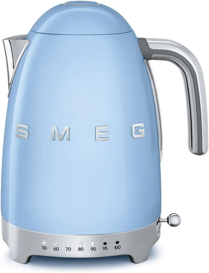 SMEG 7-Cup Variable Temperature Electric Kettle - Retro Style Aesthetic with Advanced Technology - Stainless Steel, 1400W, 120V, 360° Swivel Base, Keep Warm Function (Pastel Blue)