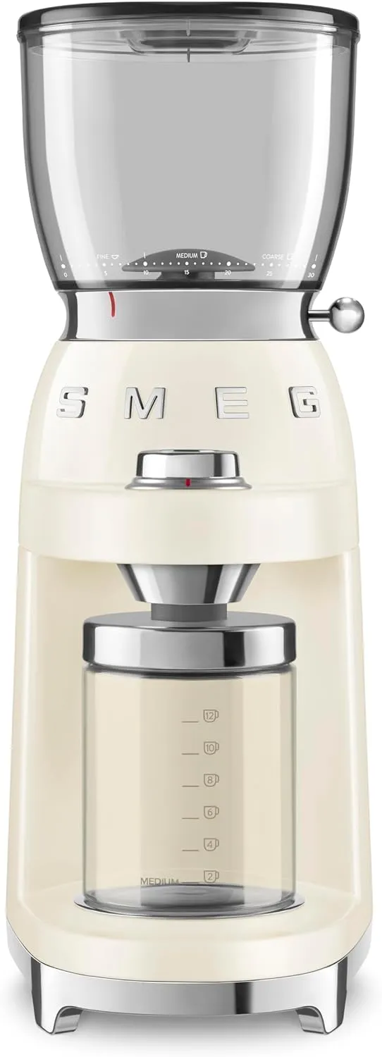 SMEG CGF11 Coffee Grinder – Retro 50s Style Electric Burr Grinder, Fine/Medium/Coarse Settings, 12.3 oz Hopper, Stainless Steel Conical Burrs – Cream