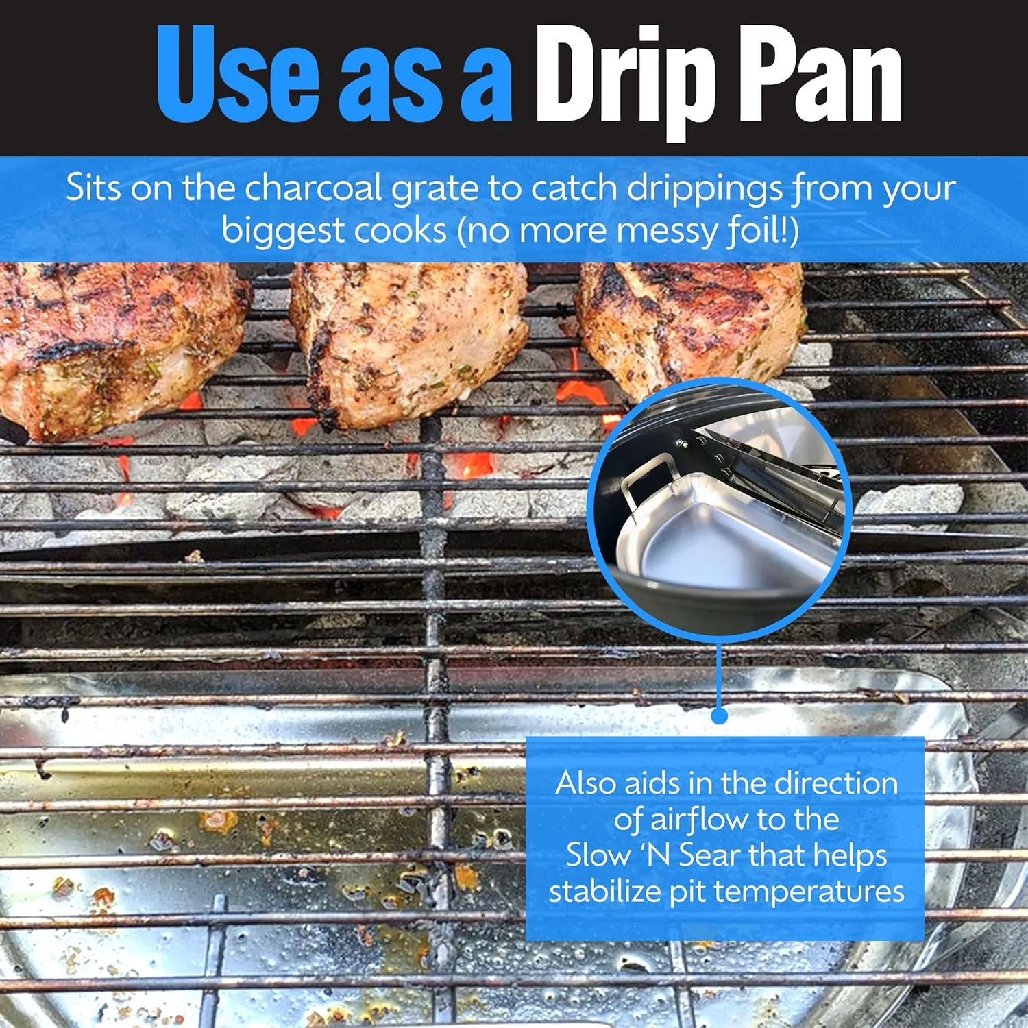 SnS Grills Slow ‘N Sear Mini Drip Pan - Stainless Steel Grilling Accessory for 18" Weber Kettle & Other Kettle Grills, Perfect for BBQ, Baking, and Broiling