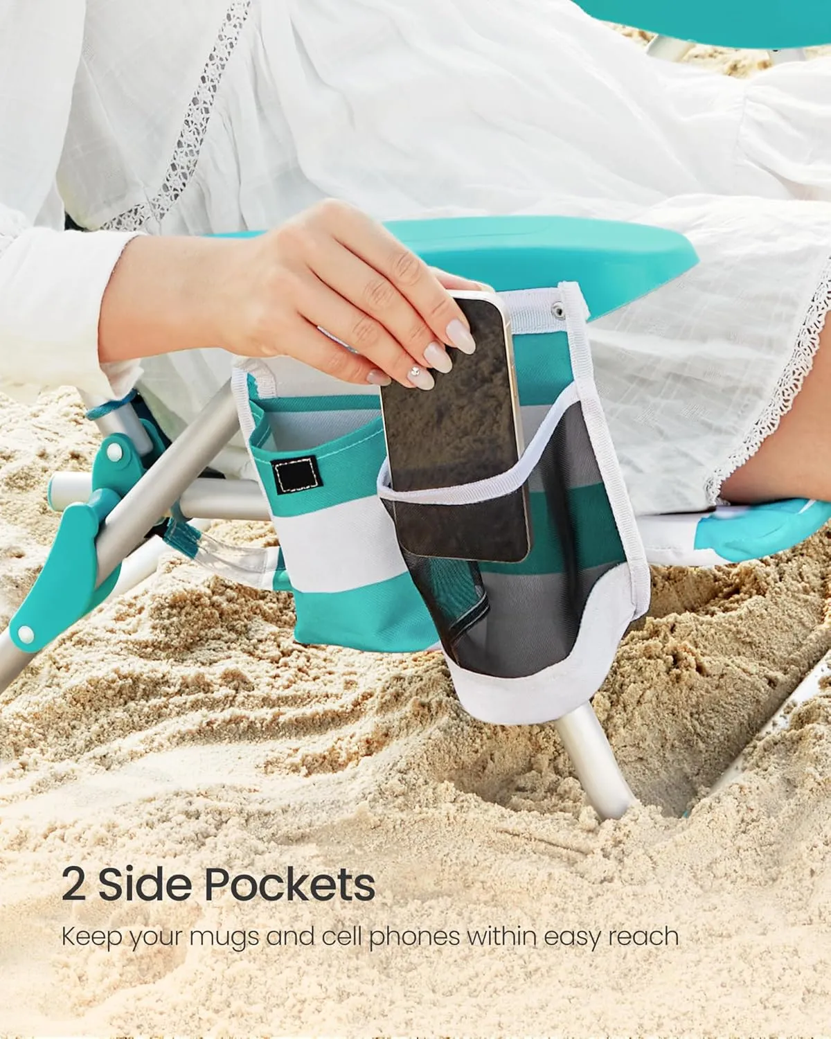 SONGMICS Portable Backpack Beach Chair, 331 lb Capacity, 4 Angles Adjustable Backrest, 2 Side Pockets, Towel Bar, Green and White UGCB62JW