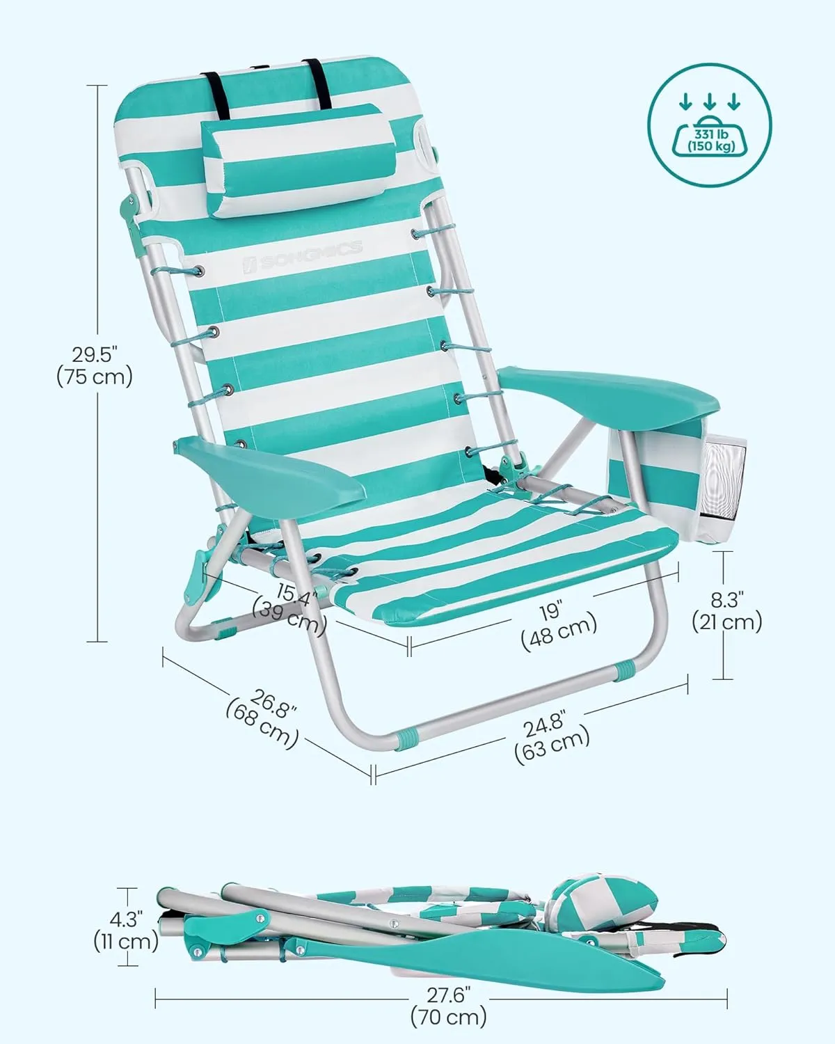 SONGMICS Portable Backpack Beach Chair, 331 lb Capacity, 4 Angles Adjustable Backrest, 2 Side Pockets, Towel Bar, Green and White UGCB62JW