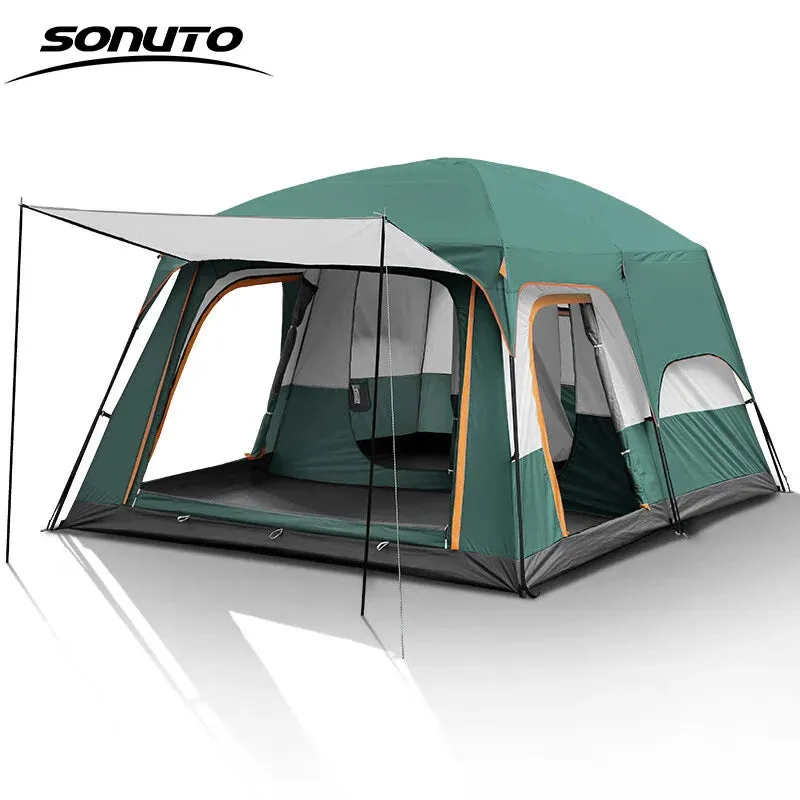 Sonuto Camping Family Tent - 3-12 Person Double Layers Oversize Tent with 2 Rooms, Thickened Rainproof Outdoor Camp Tour Equipment