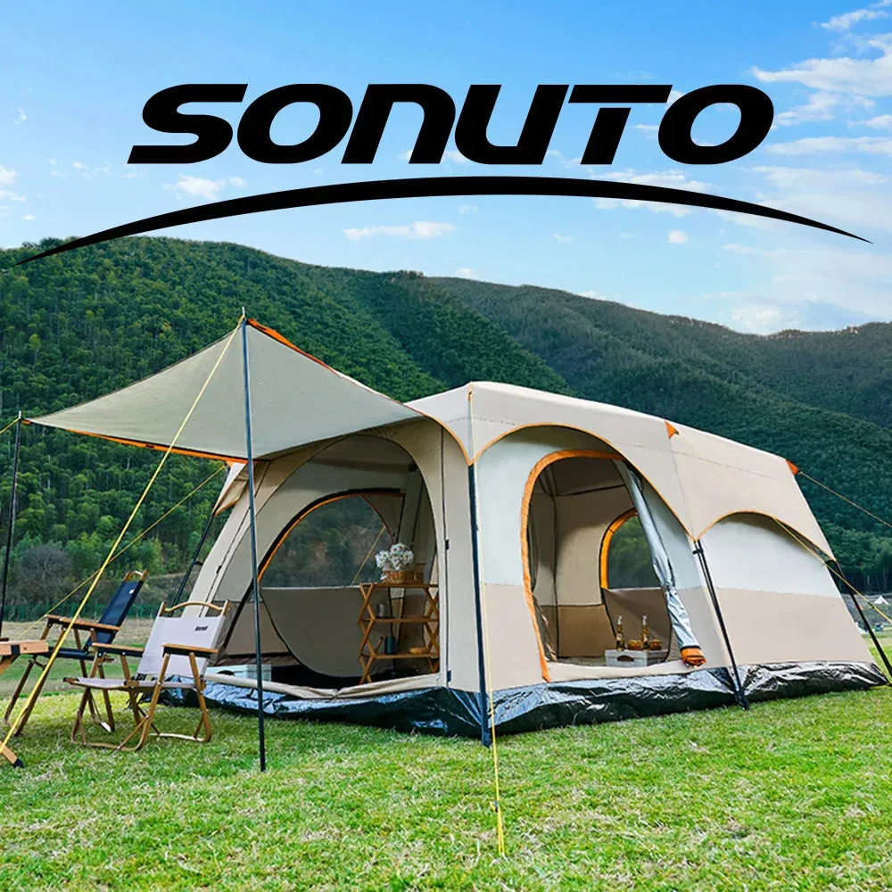 Sonuto Camping Family Tent - 3-12 Person Double Layers Oversize Tent with 2 Rooms, Thickened Rainproof Outdoor Camp Tour Equipment