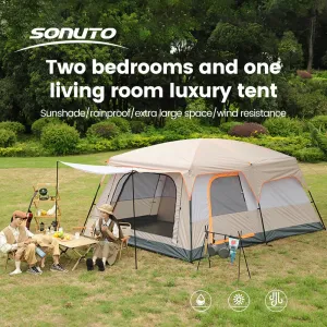 Sonuto Camping Family Tent - 3-12 Person Double Layers Oversize Tent with 2 Rooms, Thickened Rainproof Outdoor Camp Tour Equipment