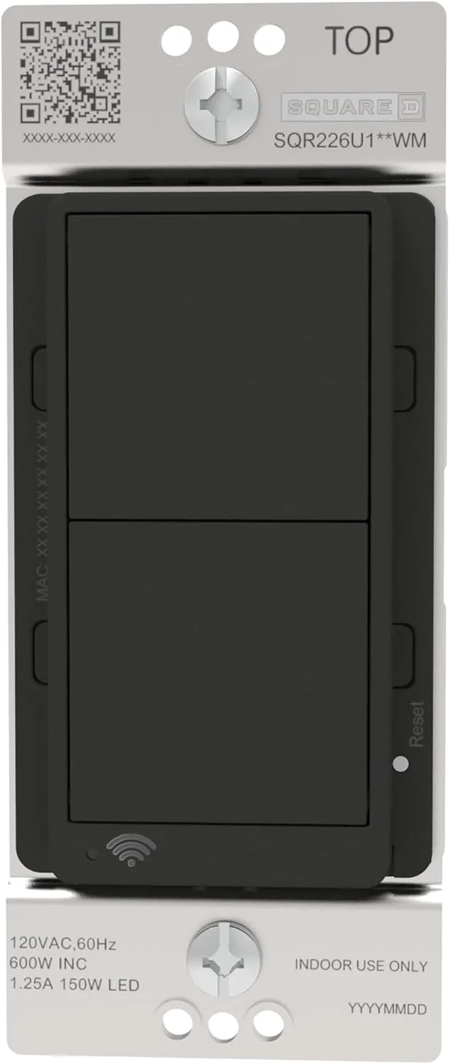Square D X Series 15 Amp WiFi Energy Monitoring Light Switch, Single-Pole/3-way, 600 Watt, Rocker, Matter Certified, Compatible with Alexa and Google Assistant, Black