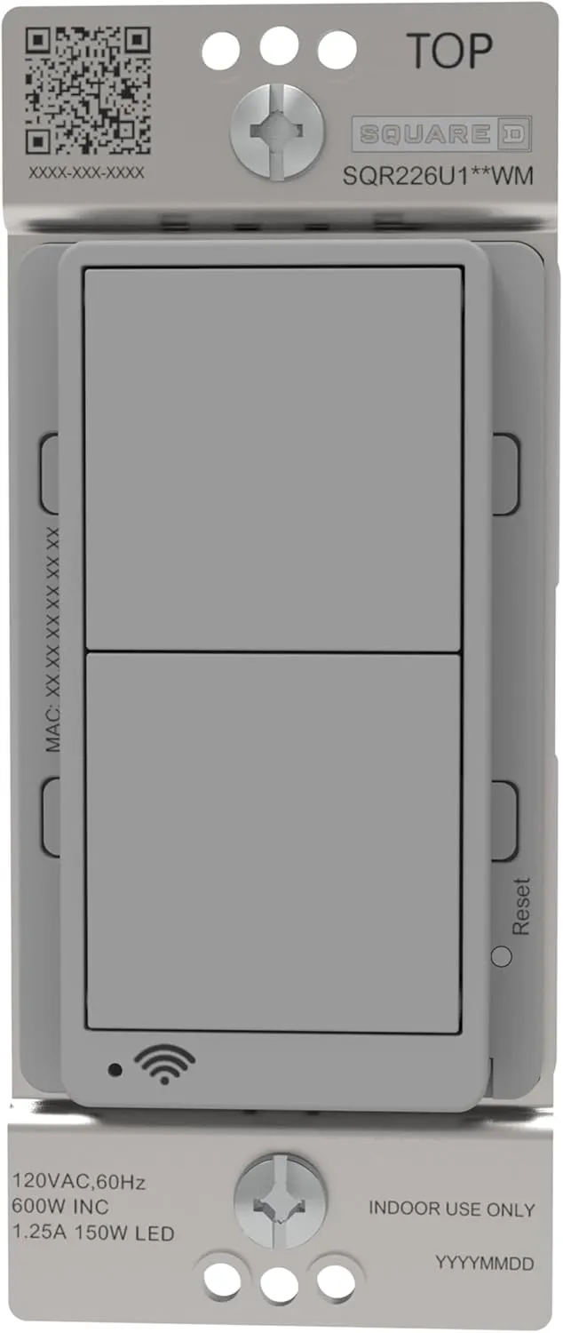 Square D X Series 15 Amp WiFi Energy Monitoring Light Switch, Single-Pole/3-way, 600 Watt, Rocker, Matter Certified, Compatible with Alexa and Google Assistant, Gray