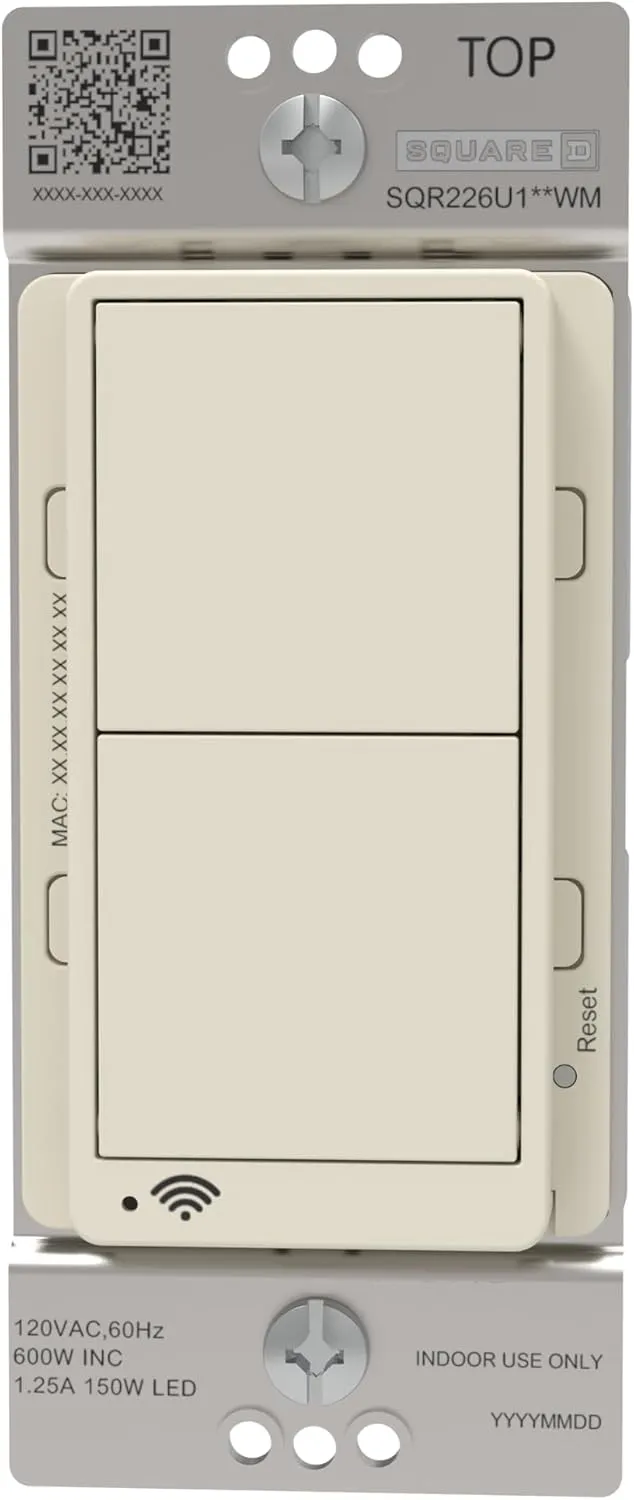 Square D X Series 15 Amp WiFi Energy Monitoring Light Switch, Single-Pole/3-way, 600 Watt, Rocker, Matter Certified, Compatible with Alexa and Google Assistant, Light Almond