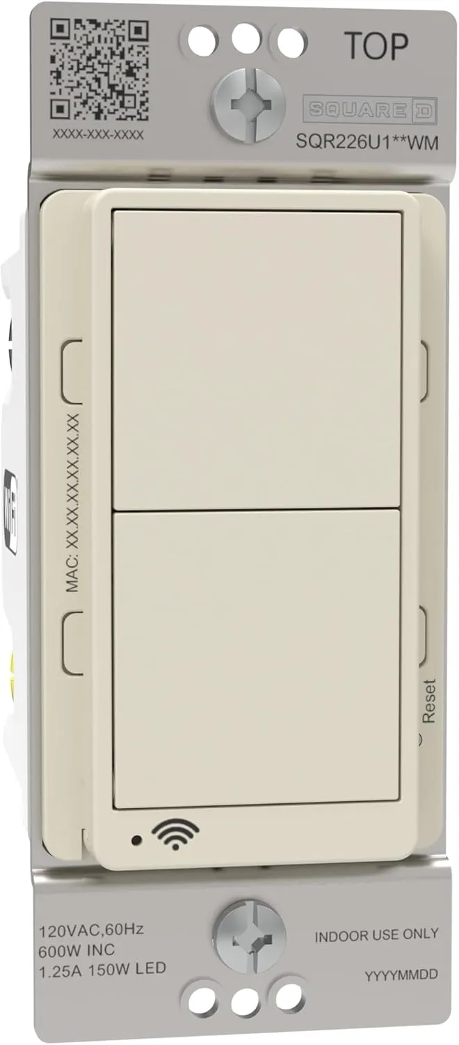 Square D X Series 15 Amp WiFi Energy Monitoring Light Switch, Single-Pole/3-way, 600 Watt, Rocker, Matter Certified, Compatible with Alexa and Google Assistant, Light Almond