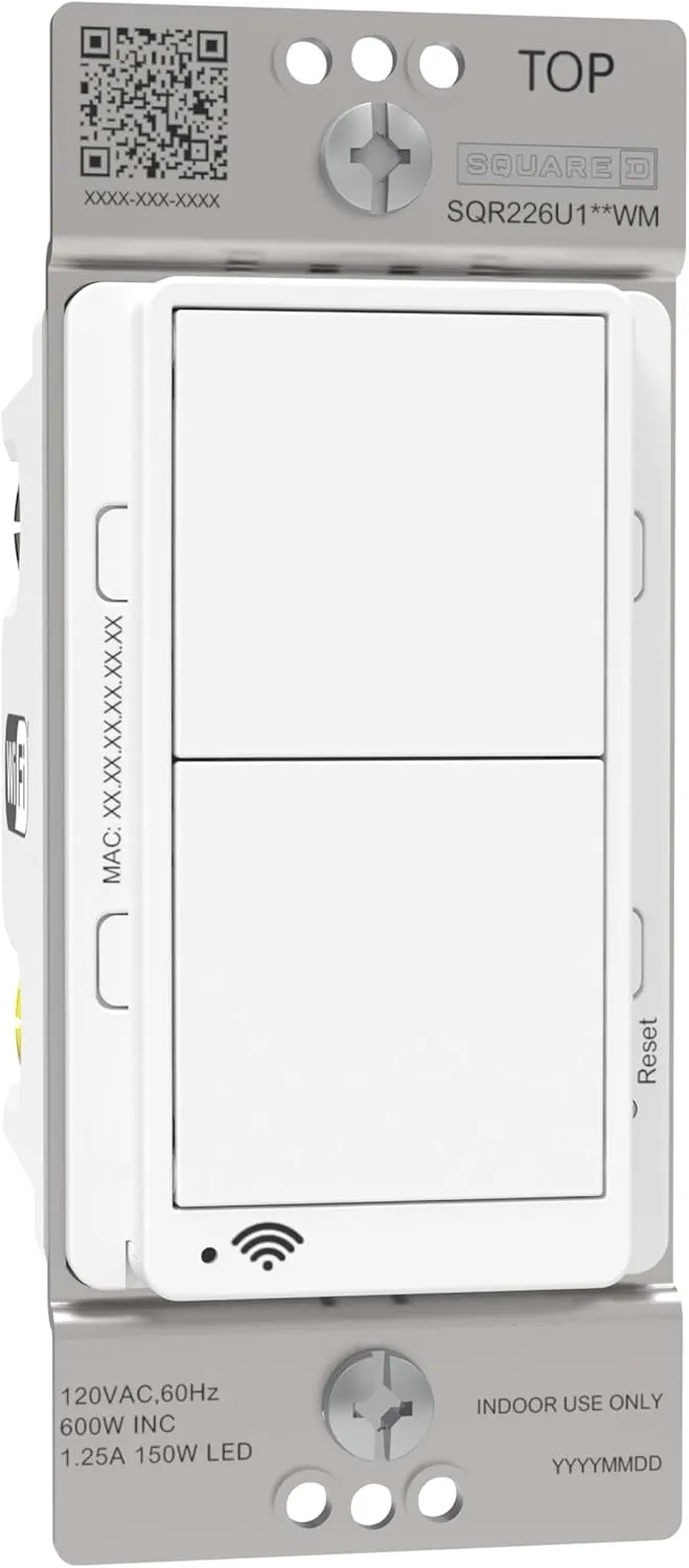 Square D X Series 15 Amp WiFi Energy Monitoring Light Switch, Single-Pole/3-way, 600 Watt, Rocker, Matter Certified, Compatible with Alexa and Google Assistant, White