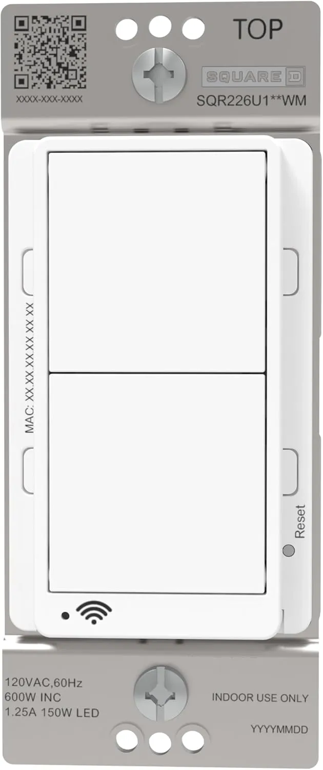 Square D X Series 15 Amp WiFi Energy Monitoring Light Switch, Single-Pole/3-way, 600 Watt, Rocker, Matter Certified, Compatible with Alexa and Google Assistant, White