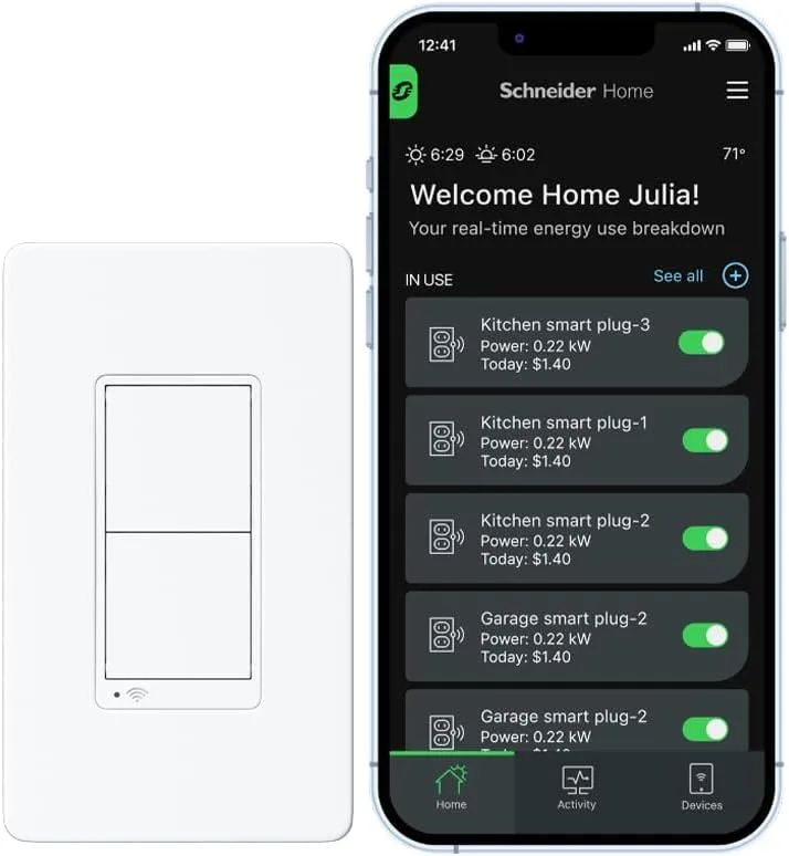 Square D X Series 15 Amp WiFi Energy Monitoring Light Switch, Single-Pole/3-way, 600 Watt, Rocker, Matter Certified, Compatible with Alexa and Google Assistant, White