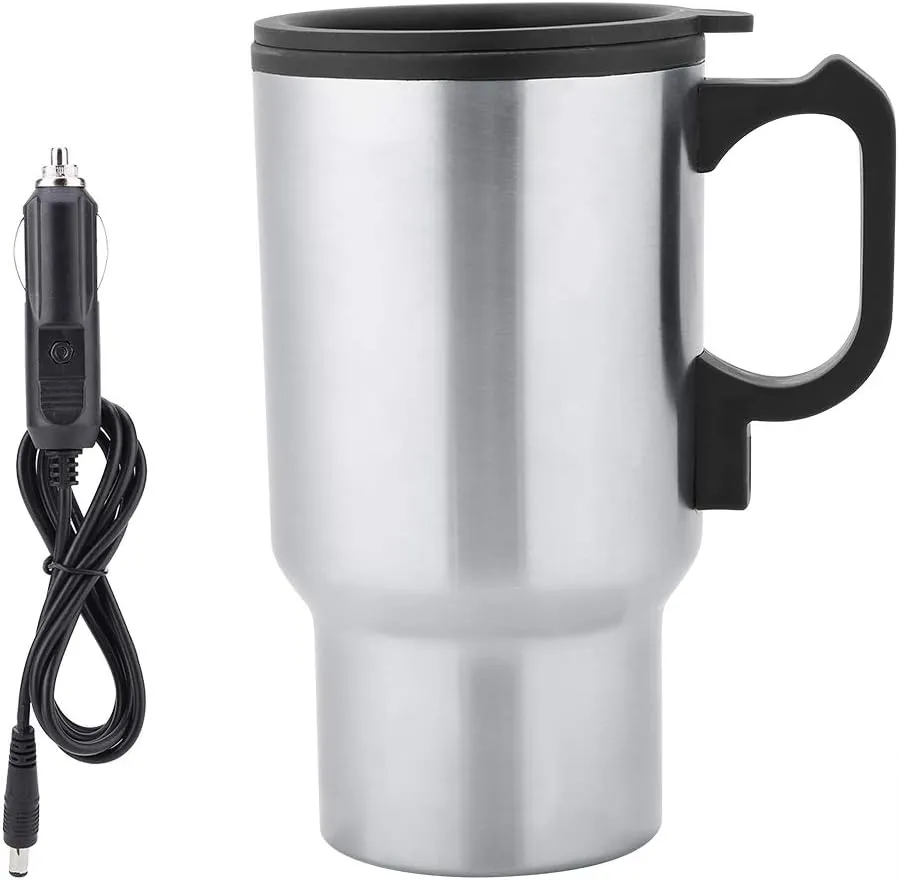 Stainless Steel Heating Cup,12V 450mL Electric Car Heating Coffee Milk Cup Mug Hot Water Bottle Compact Electric Car Lighter Kettle Boiler Mug Heating Cup Coffee Tea Car Cup Mug for Travel Picnic Camp