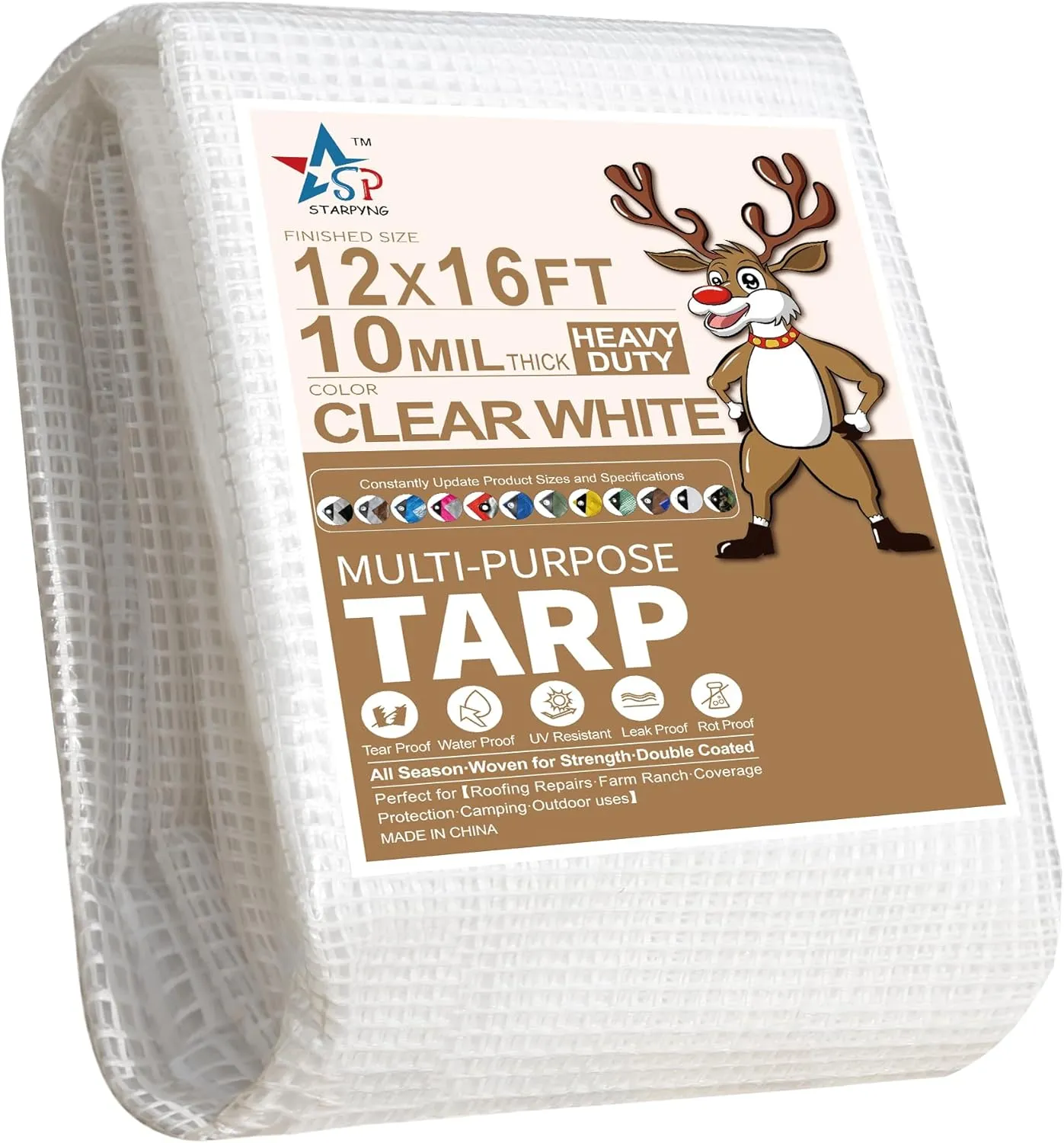 STARPYNG-10 Mil Clear/White 12X16 Feet Tarp-Heavy Duty Clear Mesh Tarp-Waterproof Tarp, UV Resistance,Greenhouse, Canopy, Tent, Yard and Outdoor Activities