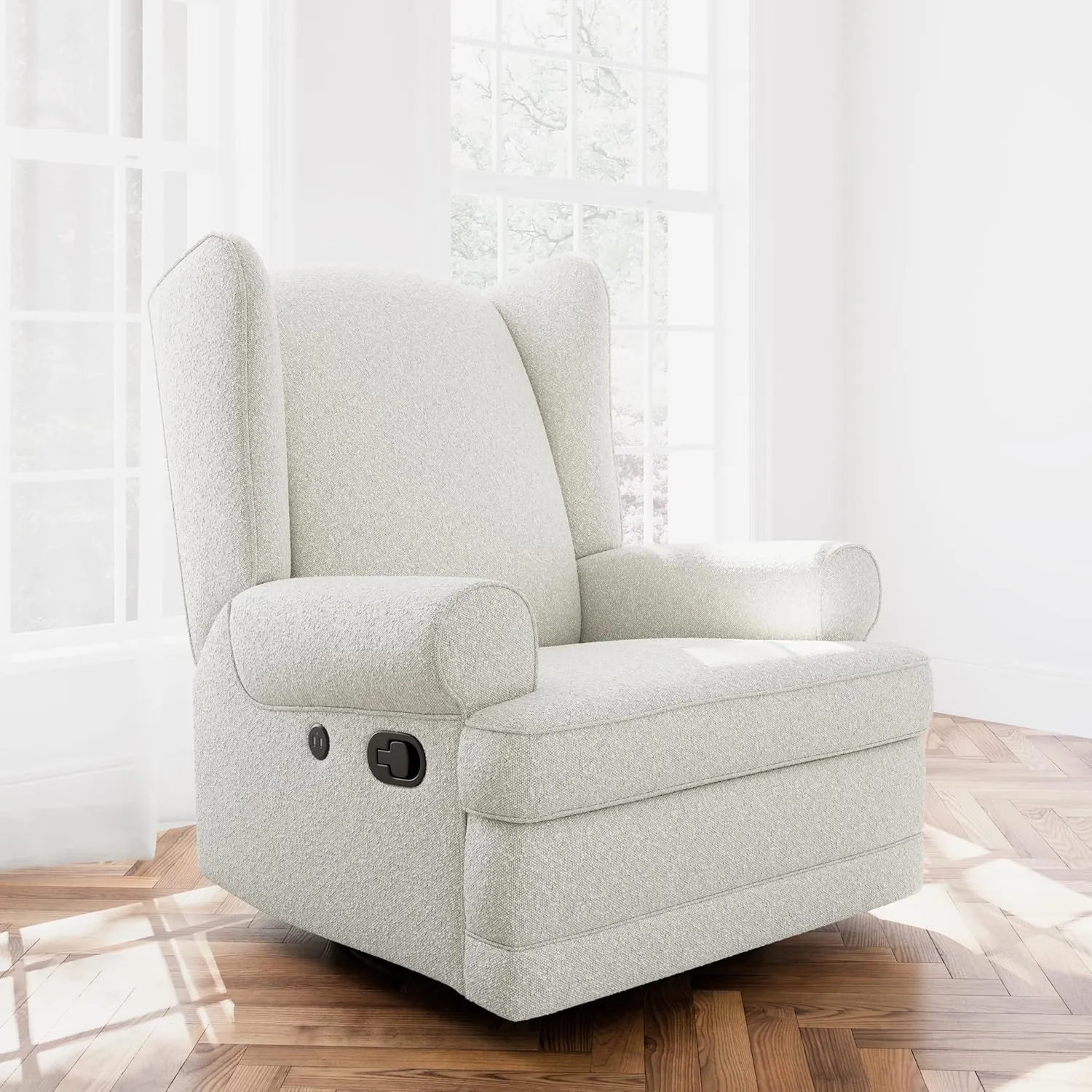 Storkcraft Serenity Wingback Glider with USB Charging Port (Ivory Boucle) - Reclining Nursery Rocking Chair with 360° Swivel Base, Elegant Design for Comfort & Relaxation