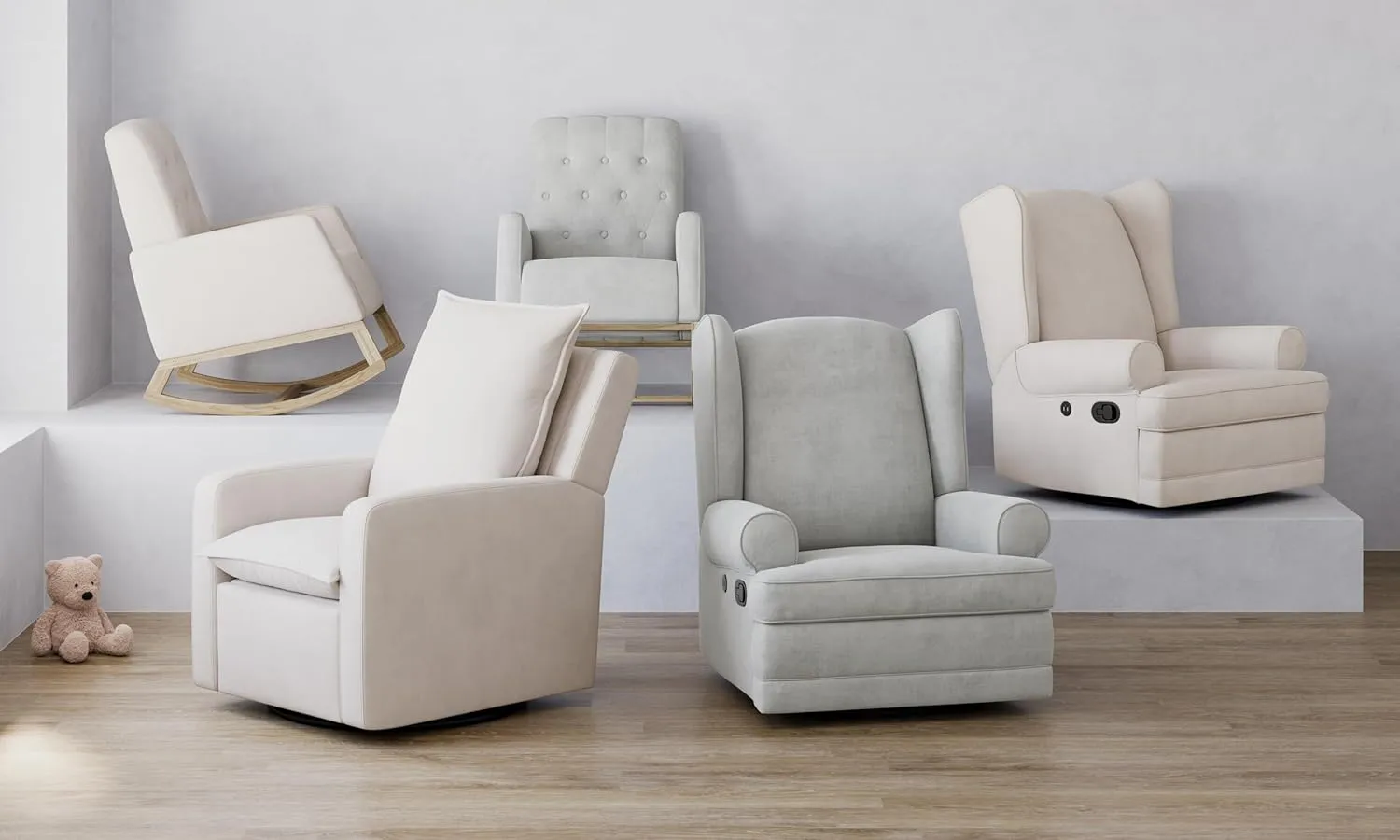 Storkcraft Serenity Wingback Glider with USB Charging Port (Ivory Boucle) - Reclining Nursery Rocking Chair with 360° Swivel Base, Elegant Design for Comfort & Relaxation
