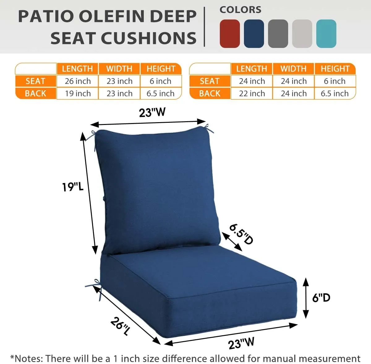 Sundale Outdoor Olefin Deep Seat Cushion, Patio Chair Cushion and Pillow, Water-Resistant Sectional Sofa Pad with Straps Dark Blue, 23 x 26 x 6 Inches