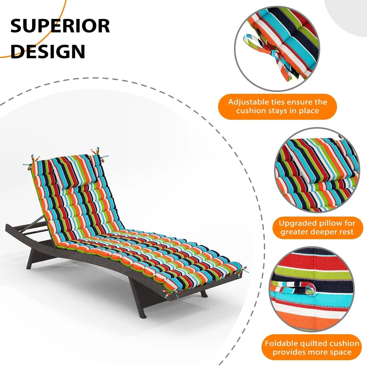 Sundale Outdoor Quilted Lounge Chair Cushion with Sunbrella Fabric, Patio Acrylic Foldable Chaise Pad with Pillow, Water-Resistant Lounger Cushion with Straps, 72 x 21 x 1 Inch - Carousel Confetti