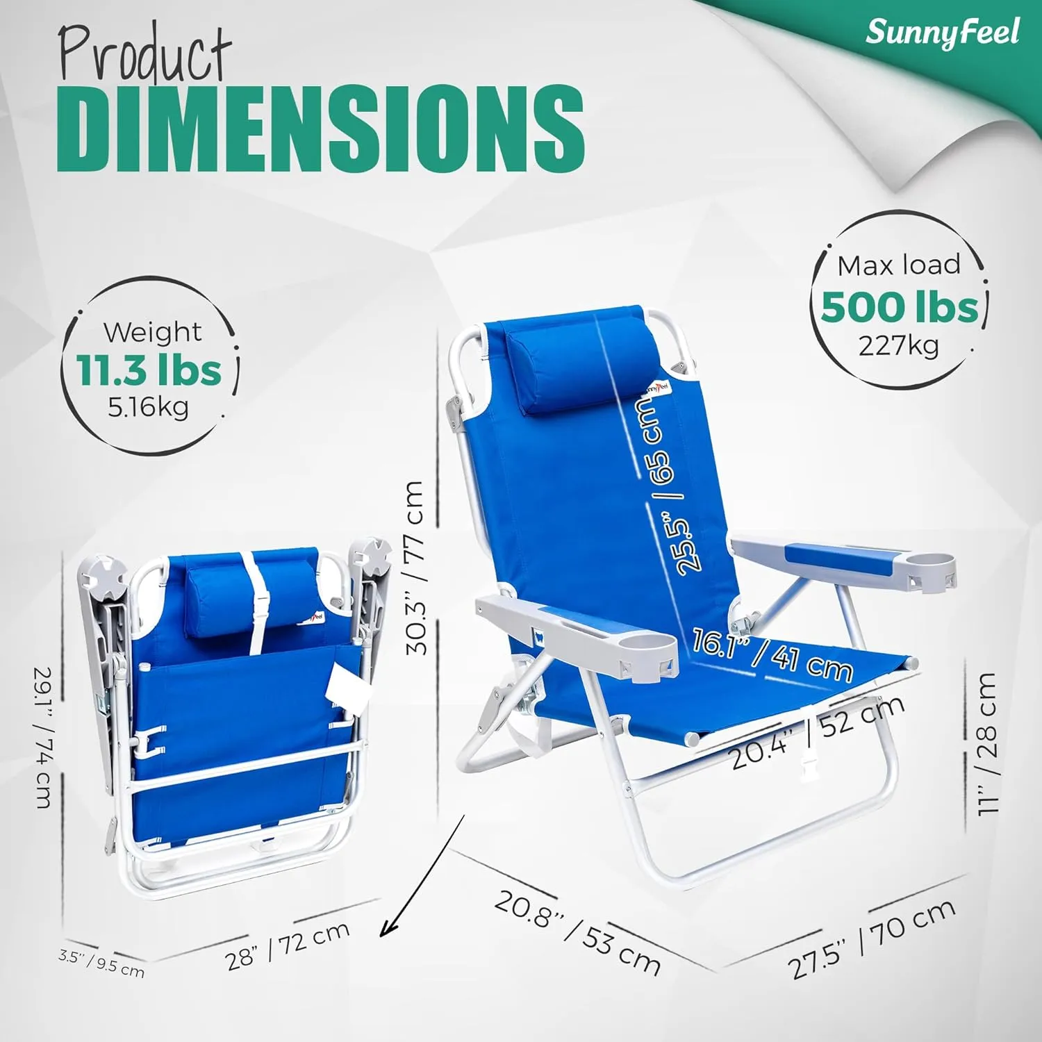 SUNNYFEEL Extra Wide 28" Low Beach Chair 5 Position Lay Flat, XL Oversized Portable Folding Camping Chairs with Cup Holder for Outdoor/Trip, Lightweight Foldable Backpack Beach Chair for Adults