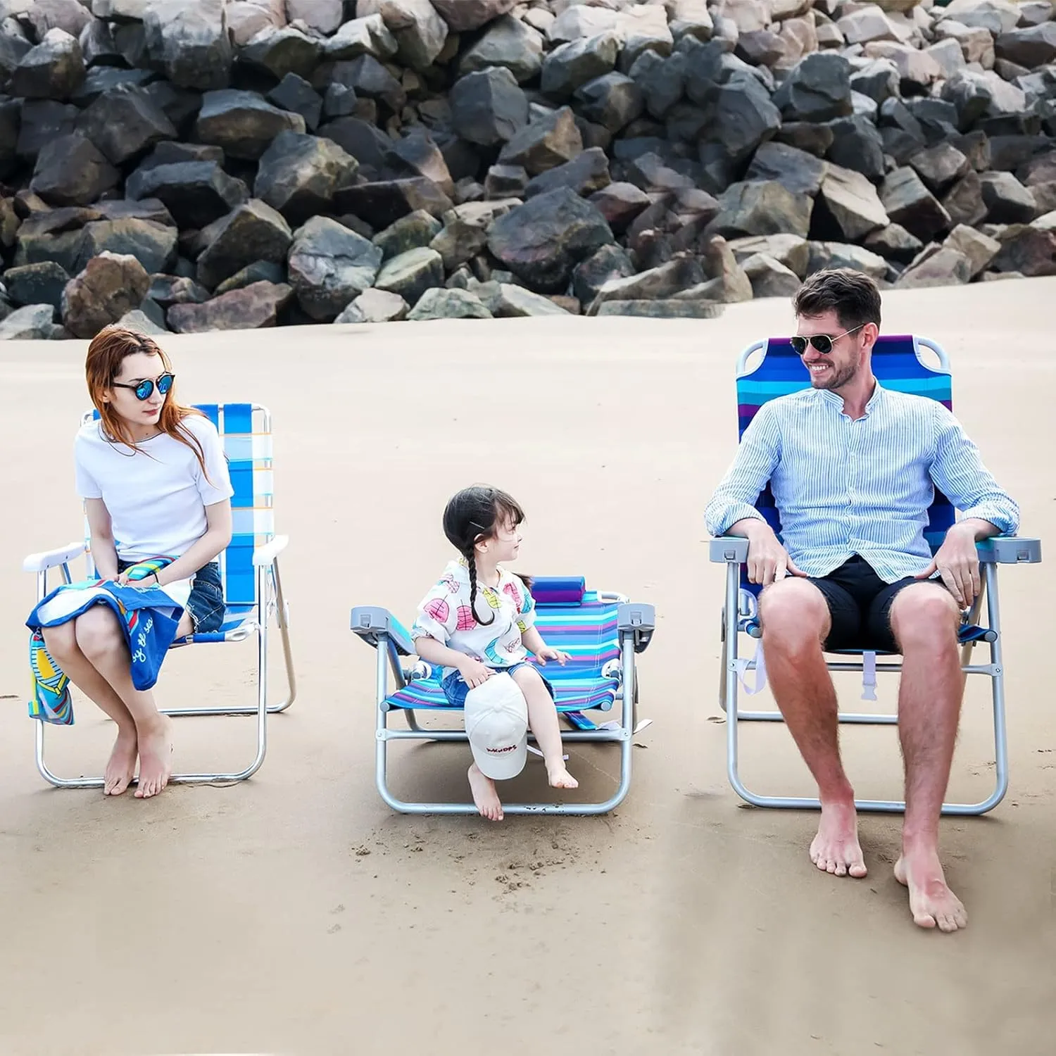 SUNNYFEEL Extra Wide 28" Low Beach Chair 5 Position Lay Flat, XL Oversized Portable Folding Camping Chairs with Cup Holder for Outdoor/Trip, Lightweight Foldable Backpack Beach Chair for Adults