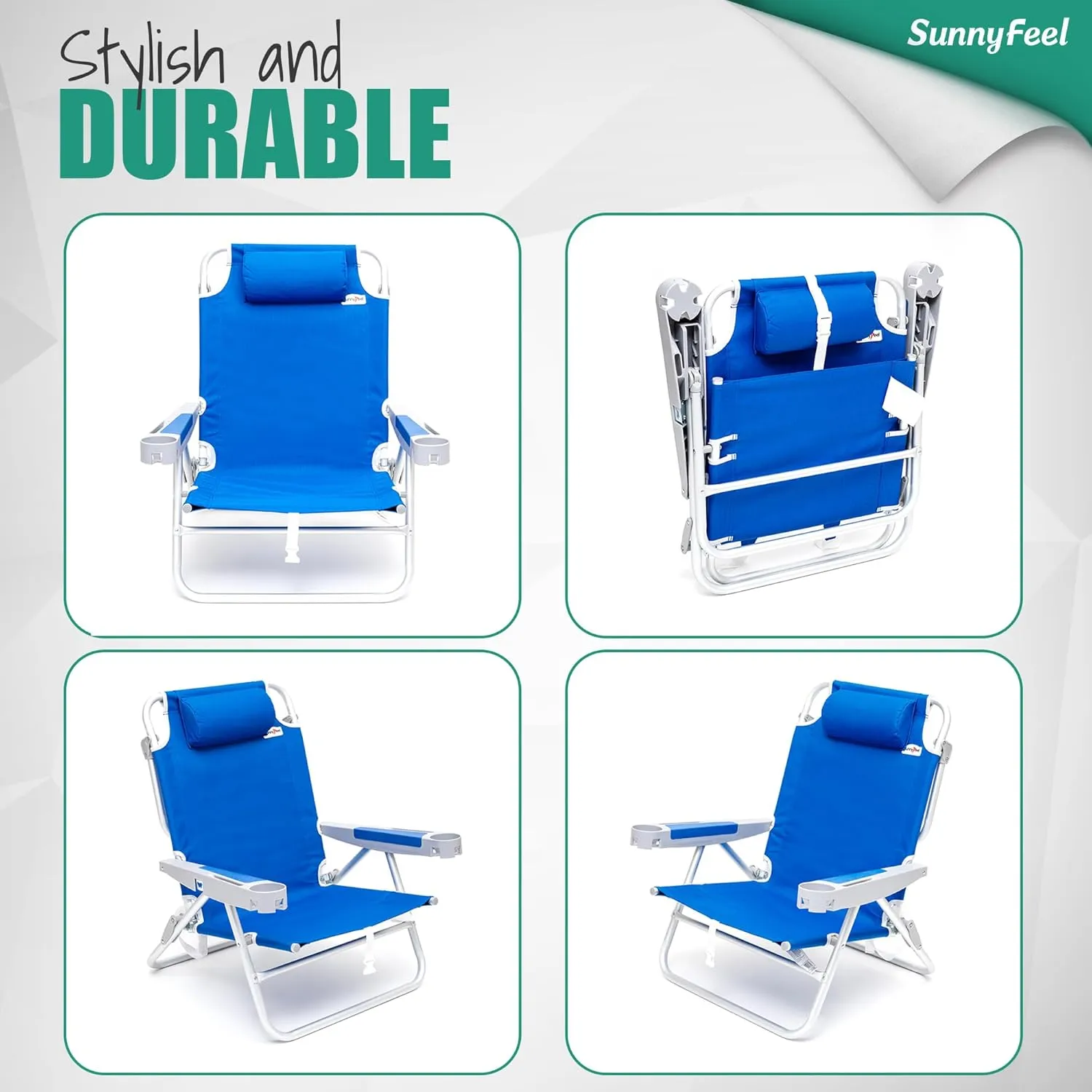 SUNNYFEEL Extra Wide 28" Low Beach Chair 5 Position Lay Flat, XL Oversized Portable Folding Camping Chairs with Cup Holder for Outdoor/Trip, Lightweight Foldable Backpack Beach Chair for Adults