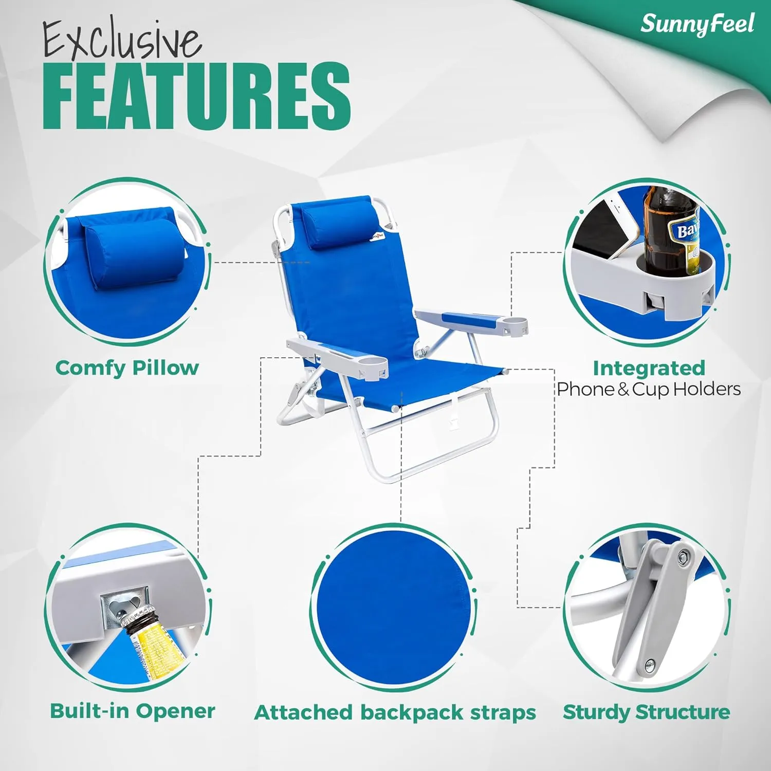 SUNNYFEEL Extra Wide 28" Low Beach Chair 5 Position Lay Flat, XL Oversized Portable Folding Camping Chairs with Cup Holder for Outdoor/Trip, Lightweight Foldable Backpack Beach Chair for Adults