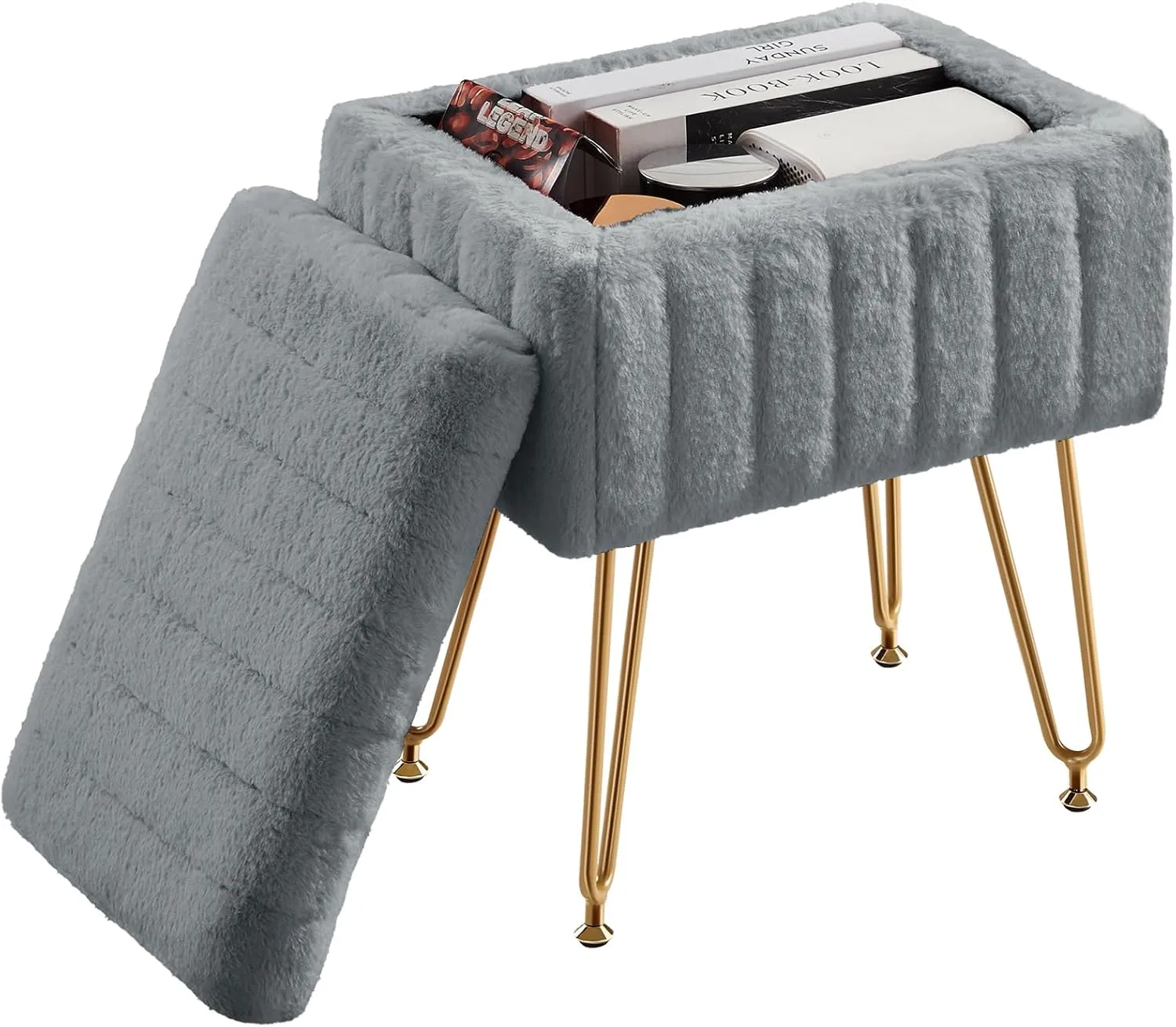 Sweetcrispy Vanity Stool Chair with Storage, Ottoman Faux Fur Soft Padded Makeup Footstools Seat with 4 Metal Legs Anti-Slip Adjustable Feet for Home Entryway Bedroom, Grey