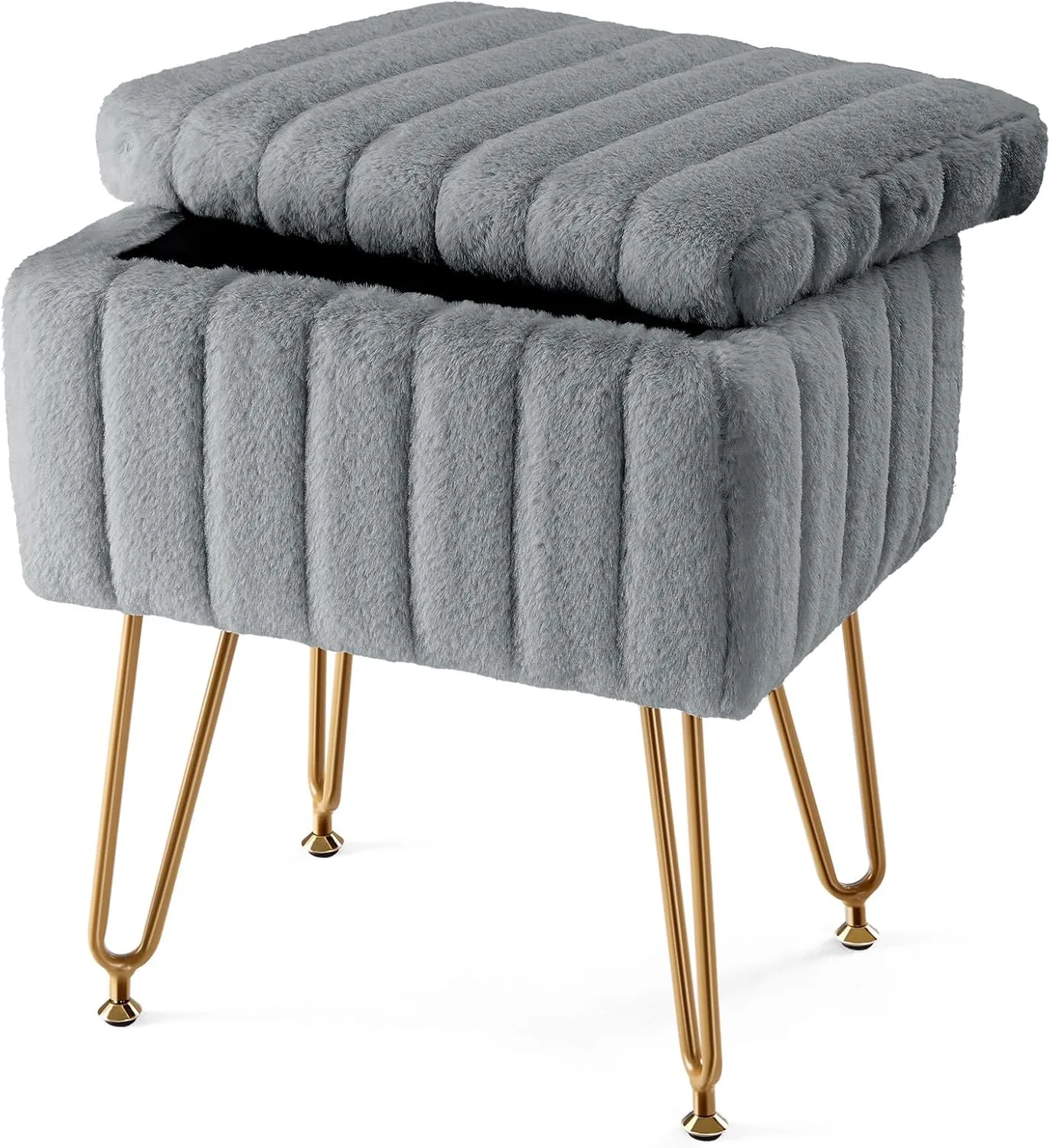 Sweetcrispy Vanity Stool Chair with Storage, Ottoman Faux Fur Soft Padded Makeup Footstools Seat with 4 Metal Legs Anti-Slip Adjustable Feet for Home Entryway Bedroom, Grey