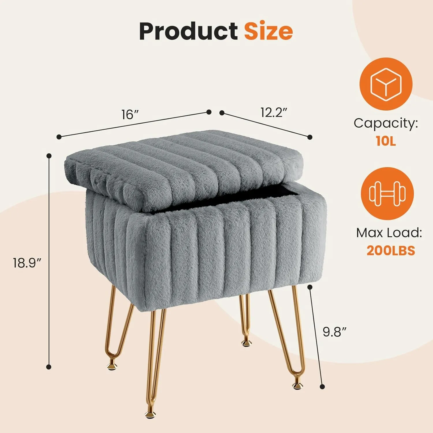 Sweetcrispy Vanity Stool Chair with Storage, Ottoman Faux Fur Soft Padded Makeup Footstools Seat with 4 Metal Legs Anti-Slip Adjustable Feet for Home Entryway Bedroom, Grey